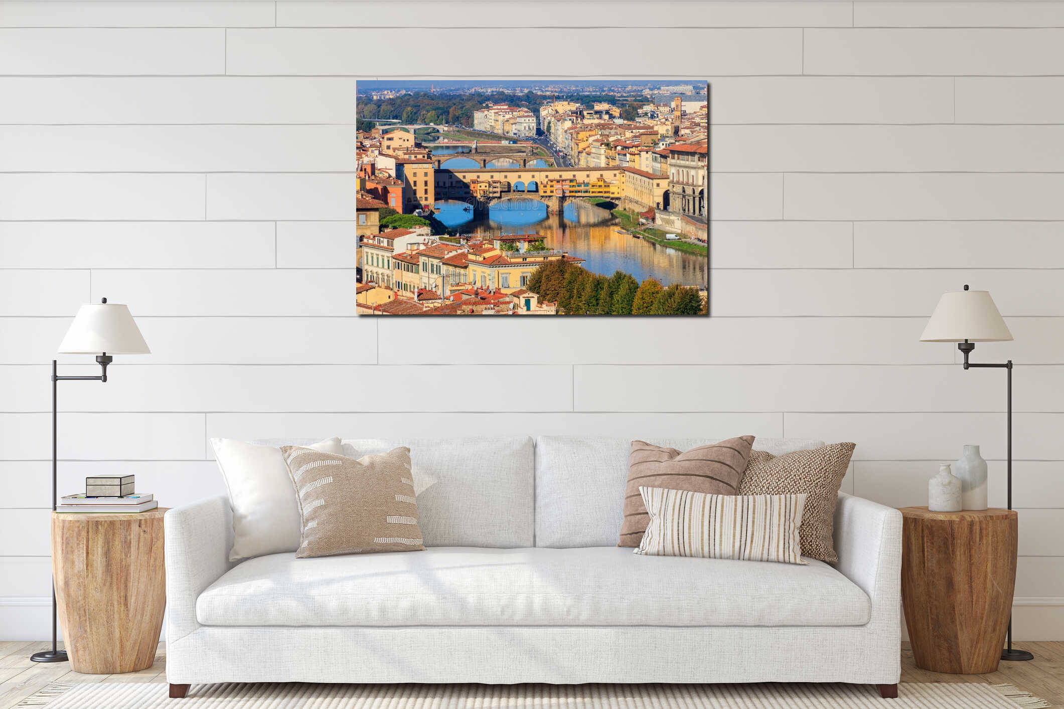 Panoramic view of medieval stone bridge Ponte Vecchio over Arno river in Florence, Tuscany, Italy interior mockup
