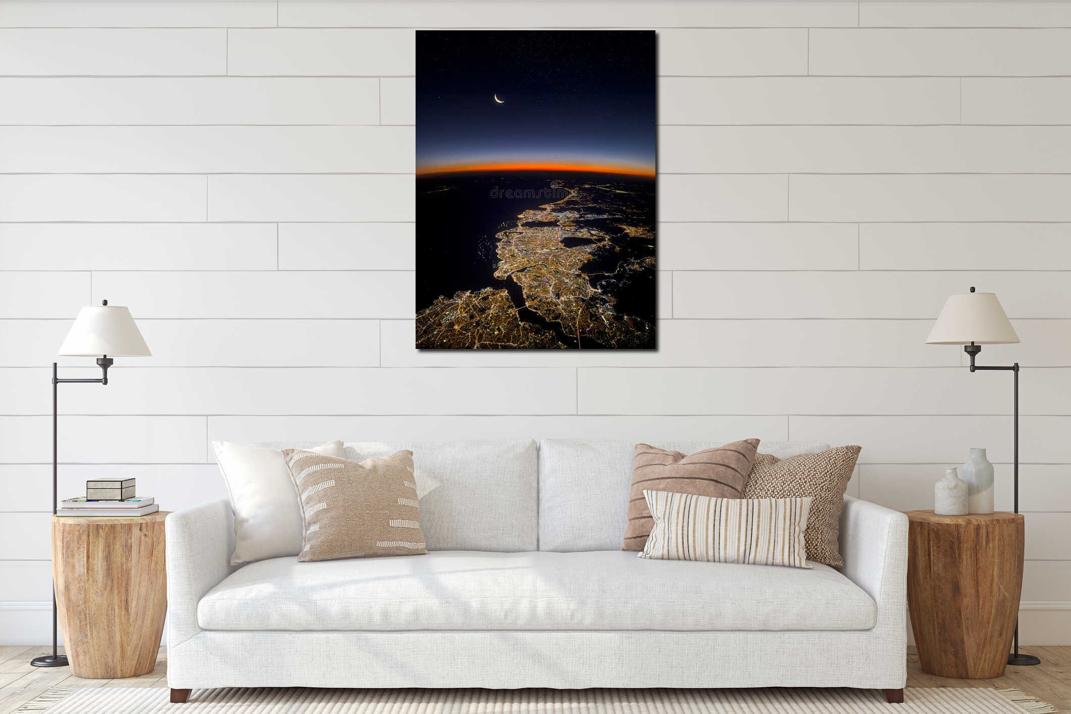 View of Istanbul, Bosphorus, Marmara sea and moon landscape from the airplane at night interior mockup