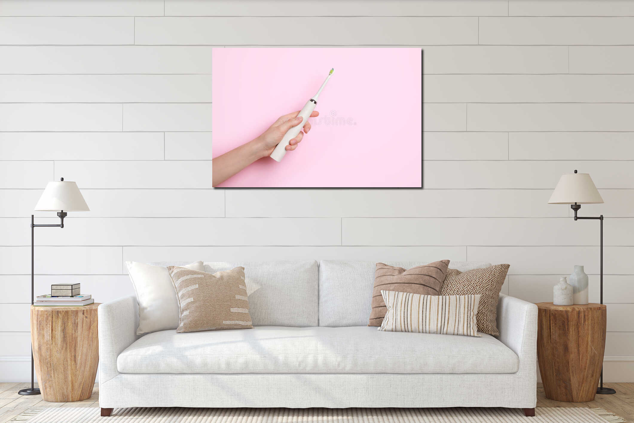 Woman holding electric toothbrush on pink background, closeup interior mockup