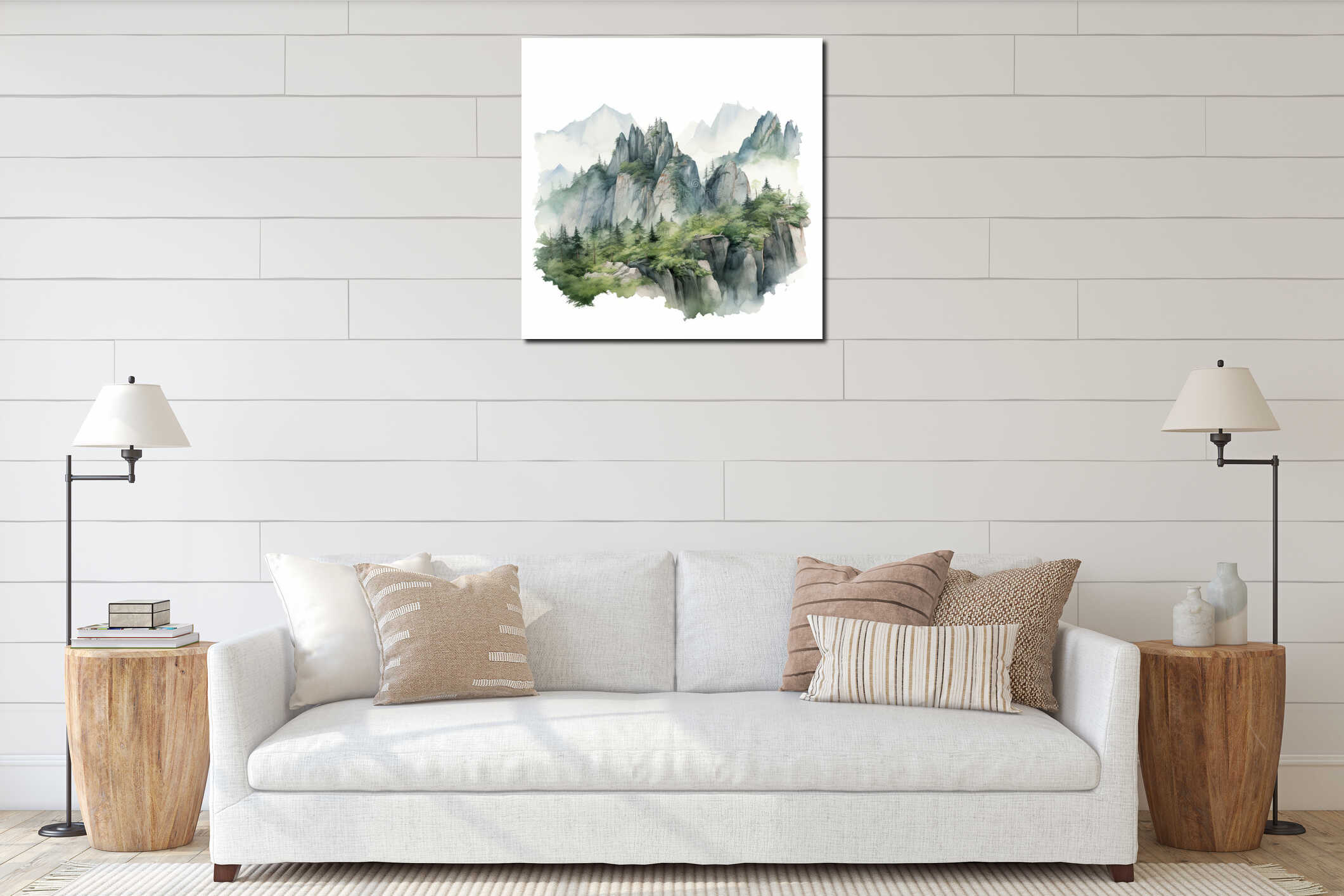 Hyper Realistic Watercolor Scenic Painting Of Guangming Mountains interior mockup