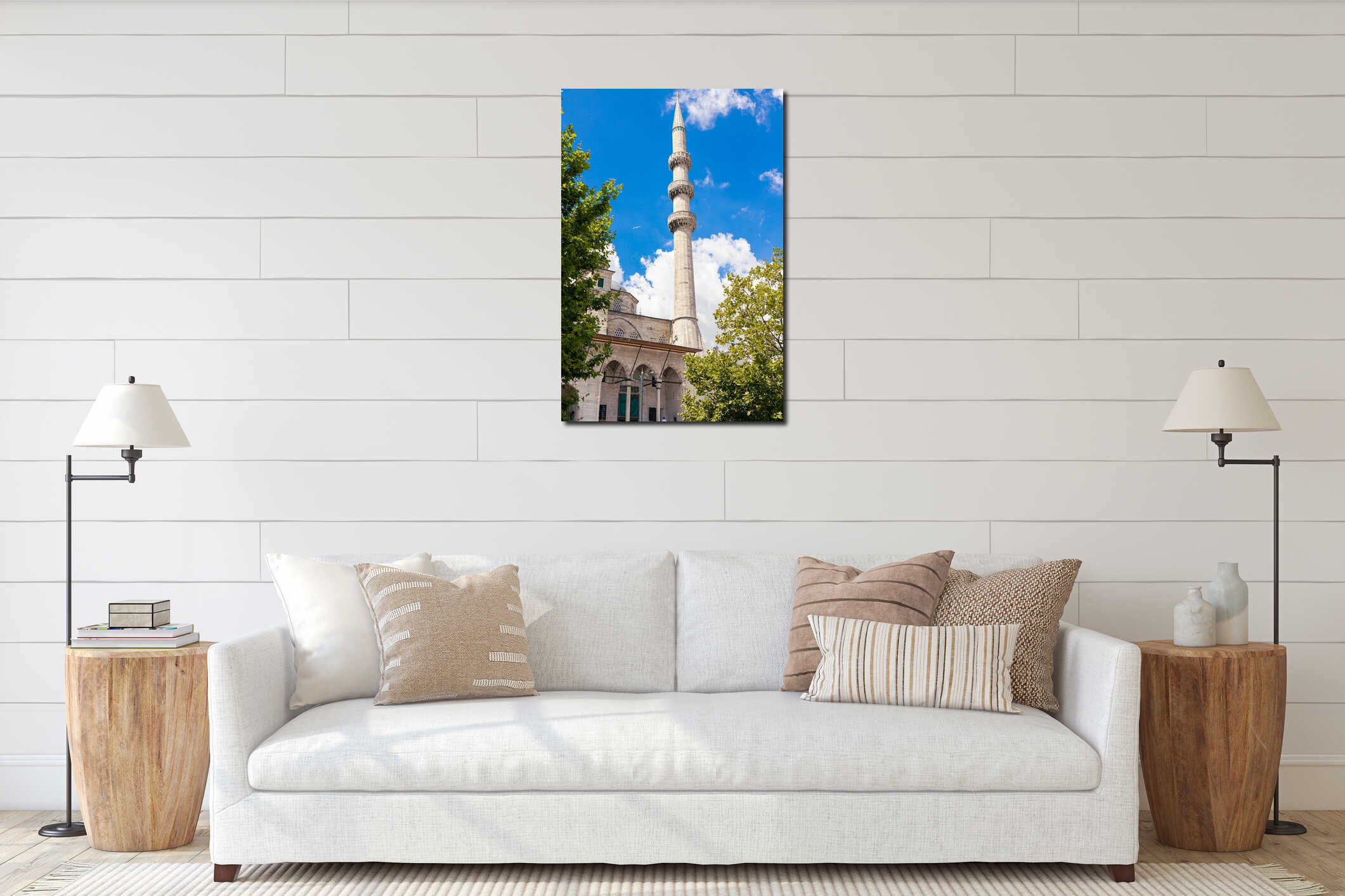 Islamic vertical photo. Minaret of Eminonu New Mosque or Yeni Cami in Istanbul interior mockup