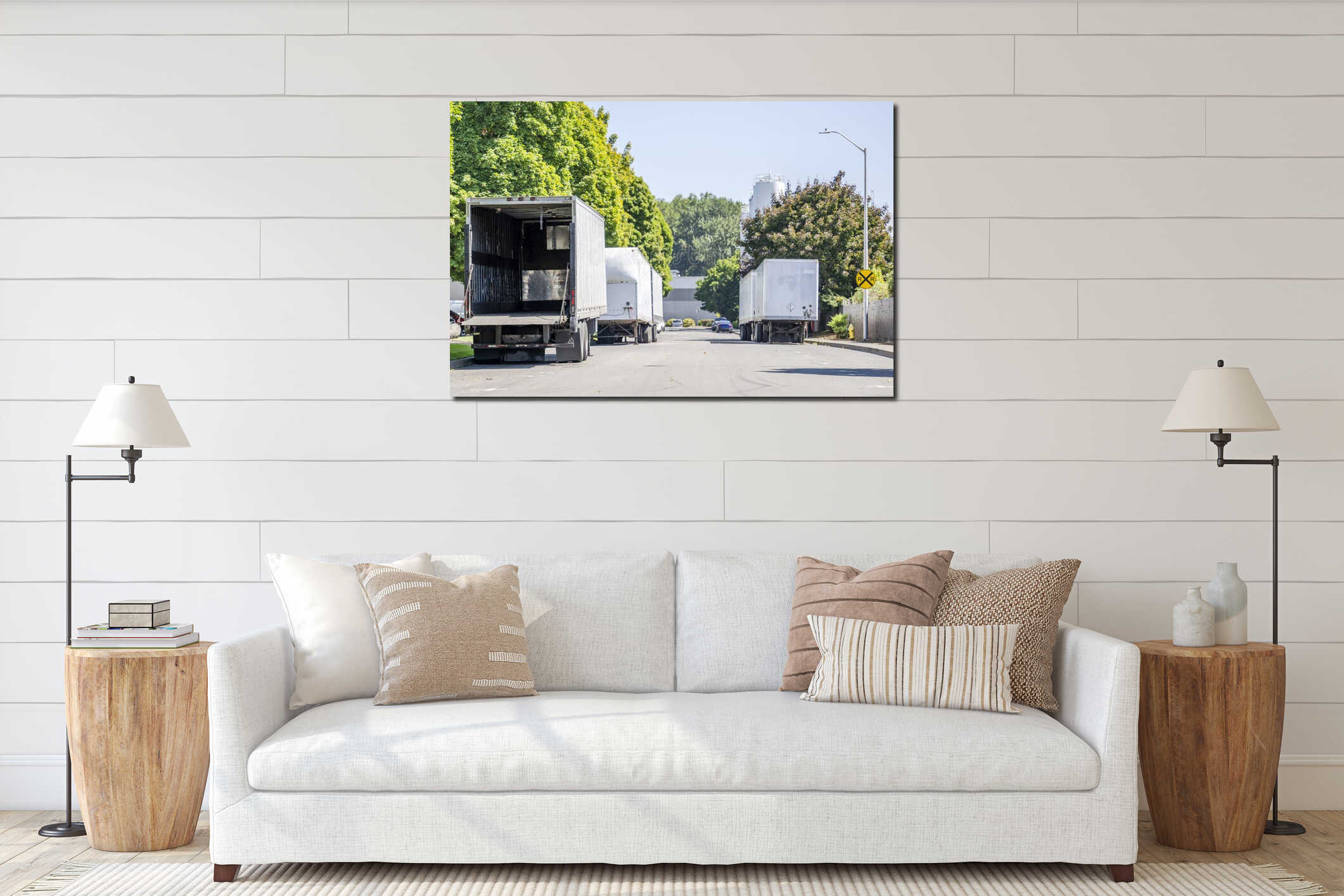 Empty dry van semi trailers with open back door standing on the street in industrial area waiting for loading time interior mockup
