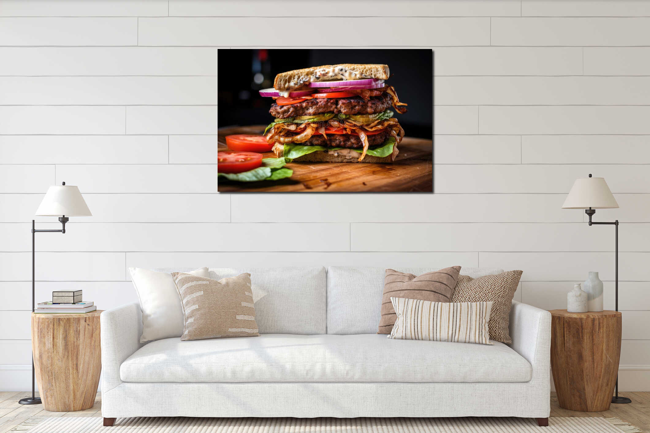 grilled onion slices in a toasted burger with lettuce and tomato interior mockup