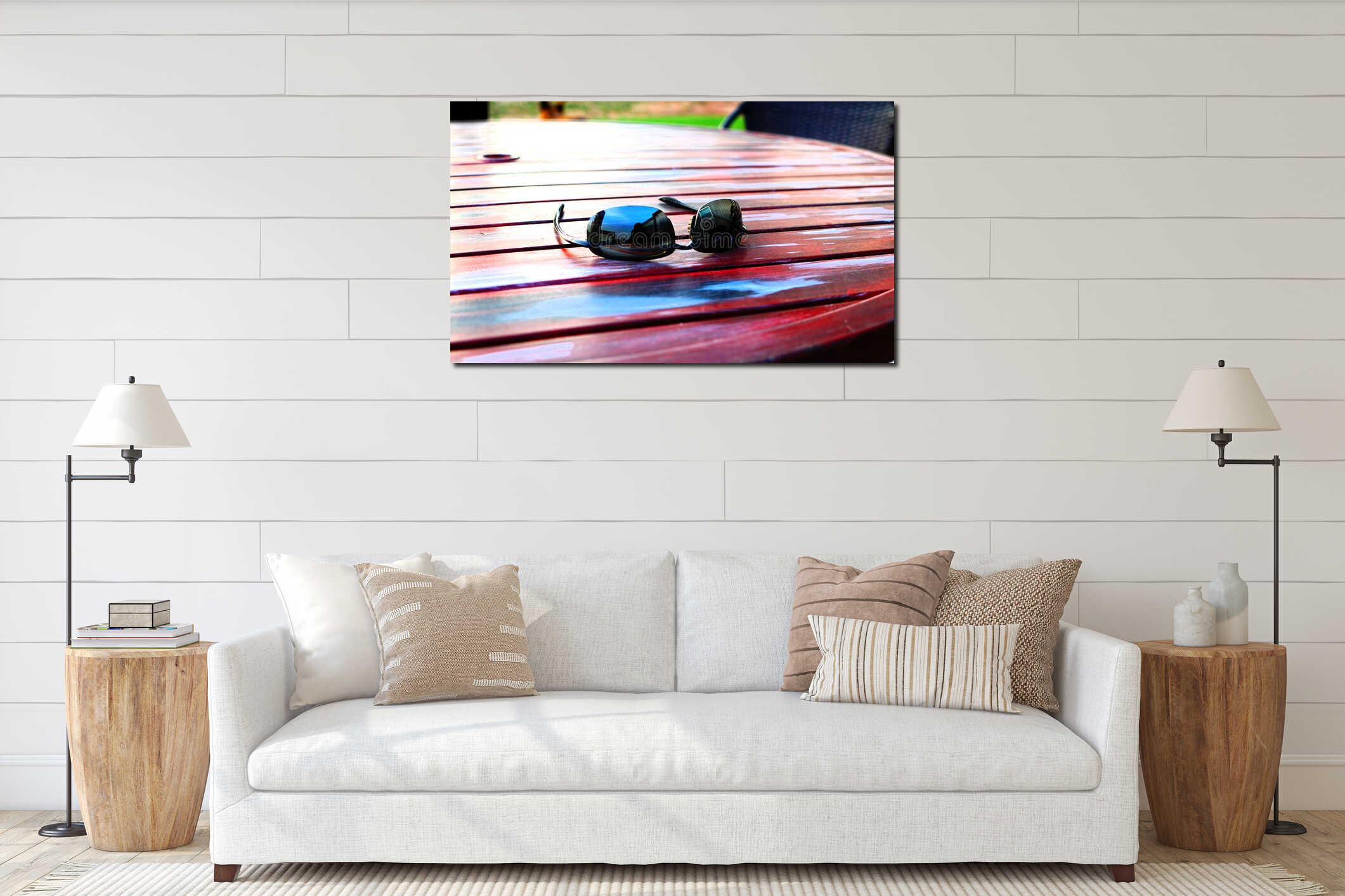 Sunglasses sitting on a table. interior mockup