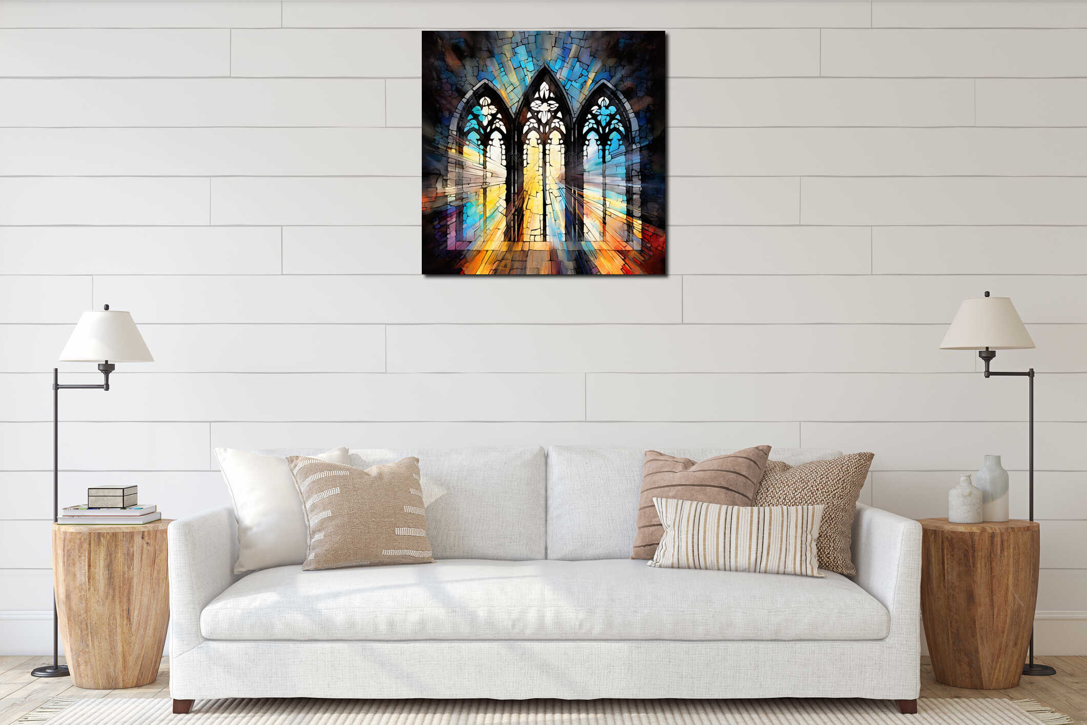Harmony of Light and Dark: Shadows Merge with Sunbeams Streaming Through a Stained Glass Window interior mockup