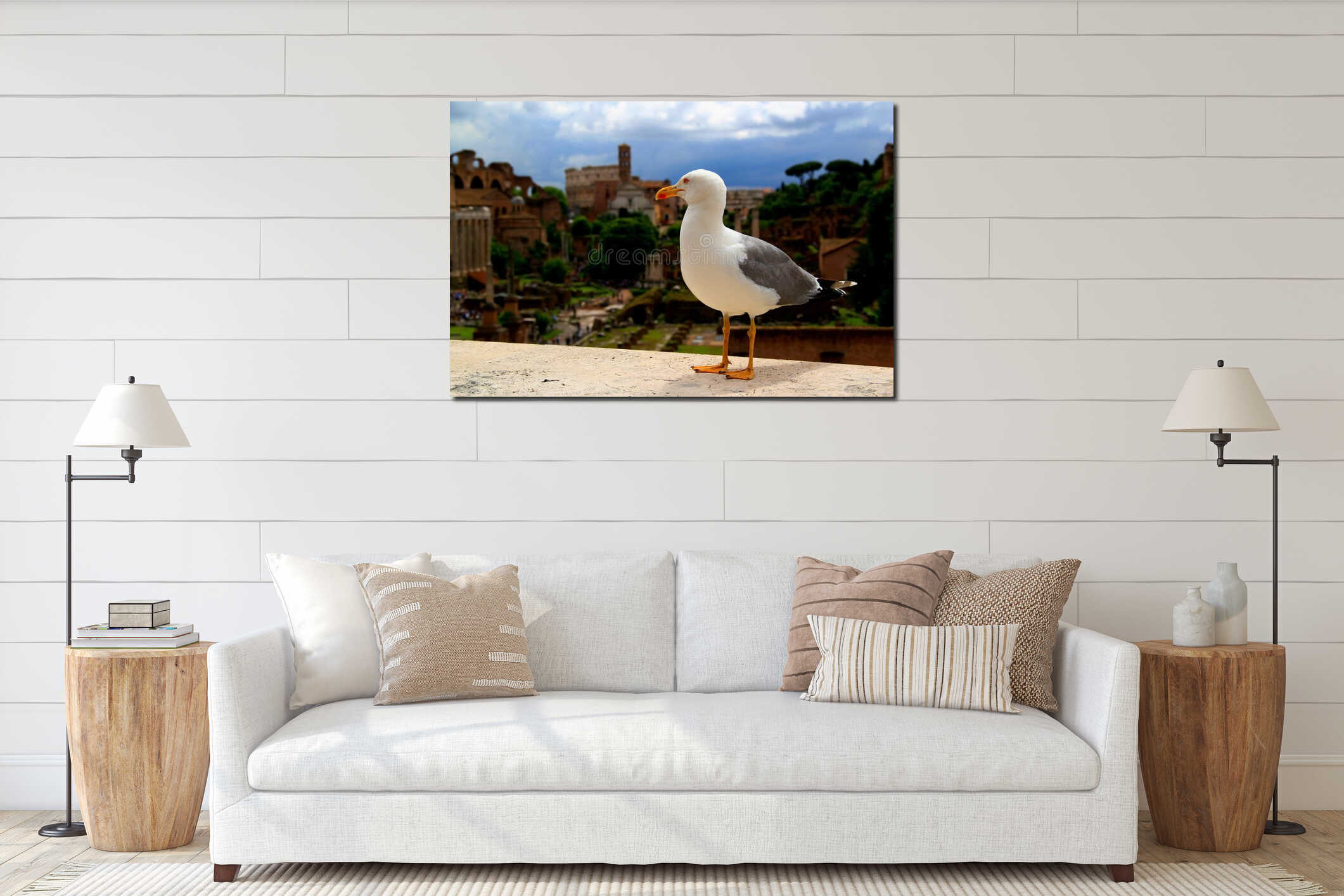 Photo with a seagull looking towards the Colosseum and the Roman Forum in Rome, Italy interior mockup