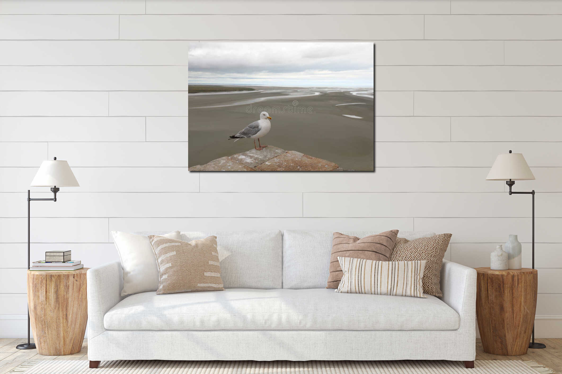 White-headed seagull looking towards the horizon during low tide and the sea interior mockup