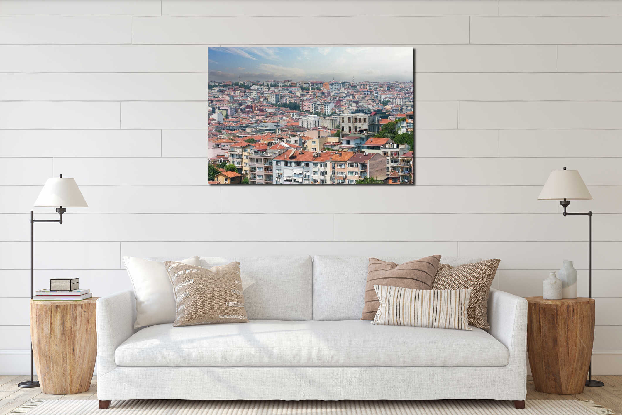 Istanbul panorama, panoramic view old houses on the slope district, Turkey. interior mockup