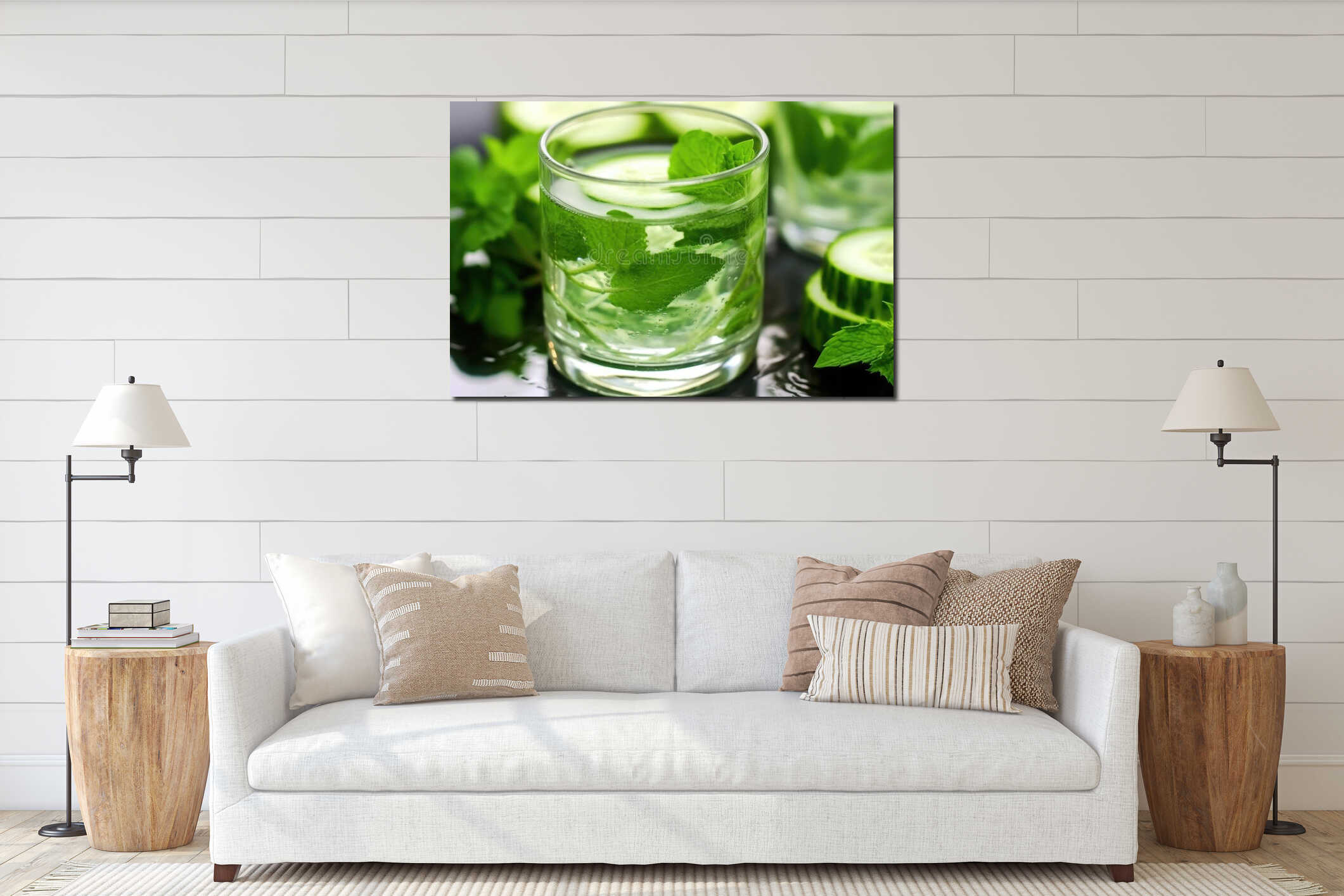 close-up detail of cucumber slices and mint in a transparent glass interior mockup