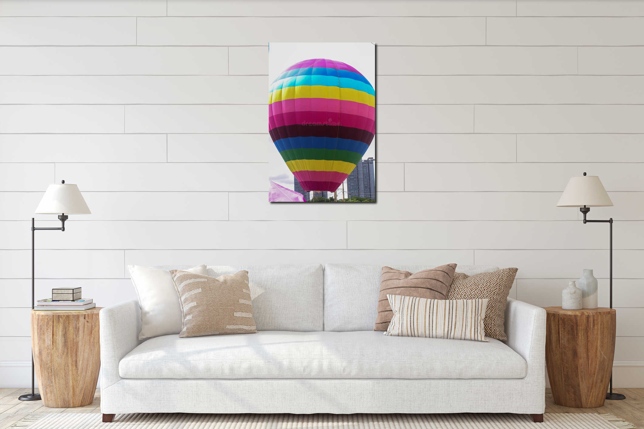 Close-up of colorful hot air balloon in Ho Chi Minh City, Vietnam interior mockup