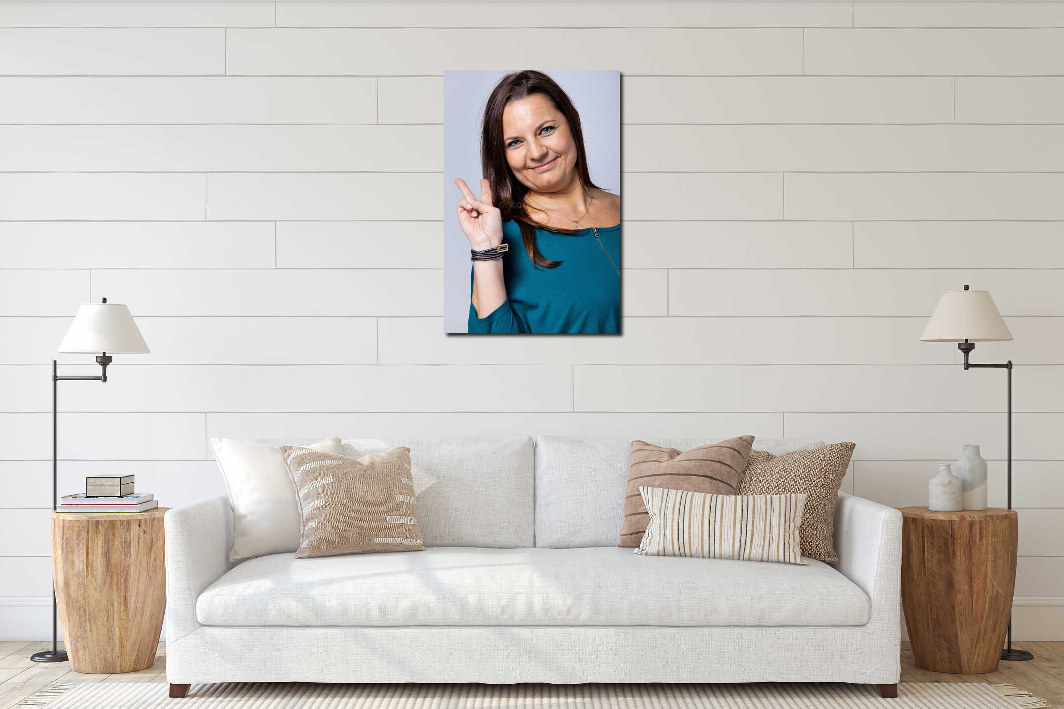 Victorious Mature Woman Showing Victory Sign interior mockup