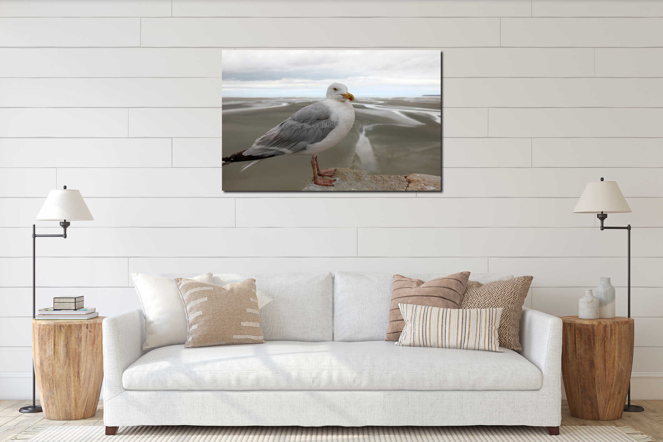 White-headed seagull looking towards the horizon during low tide and the sea interior mockup