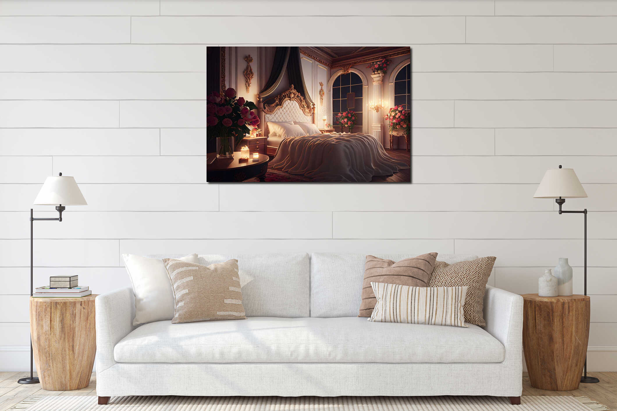 Romantic classical majestic bedroom with large bed luxury interior and flowers around. Hotel bedroom interior. interior mockup