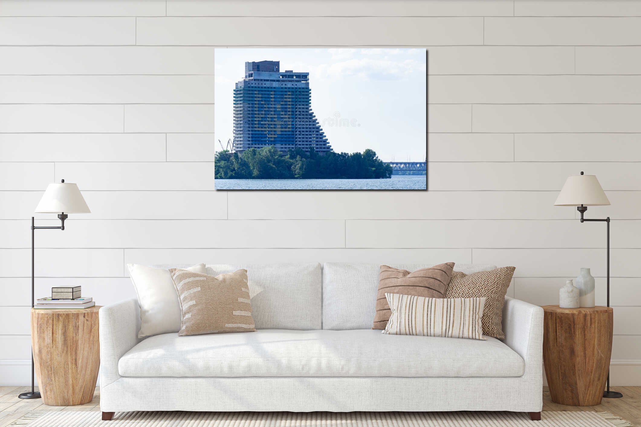 View on unfinished hotel Parus building in city Dnipro. Abandoned architecture. interior mockup