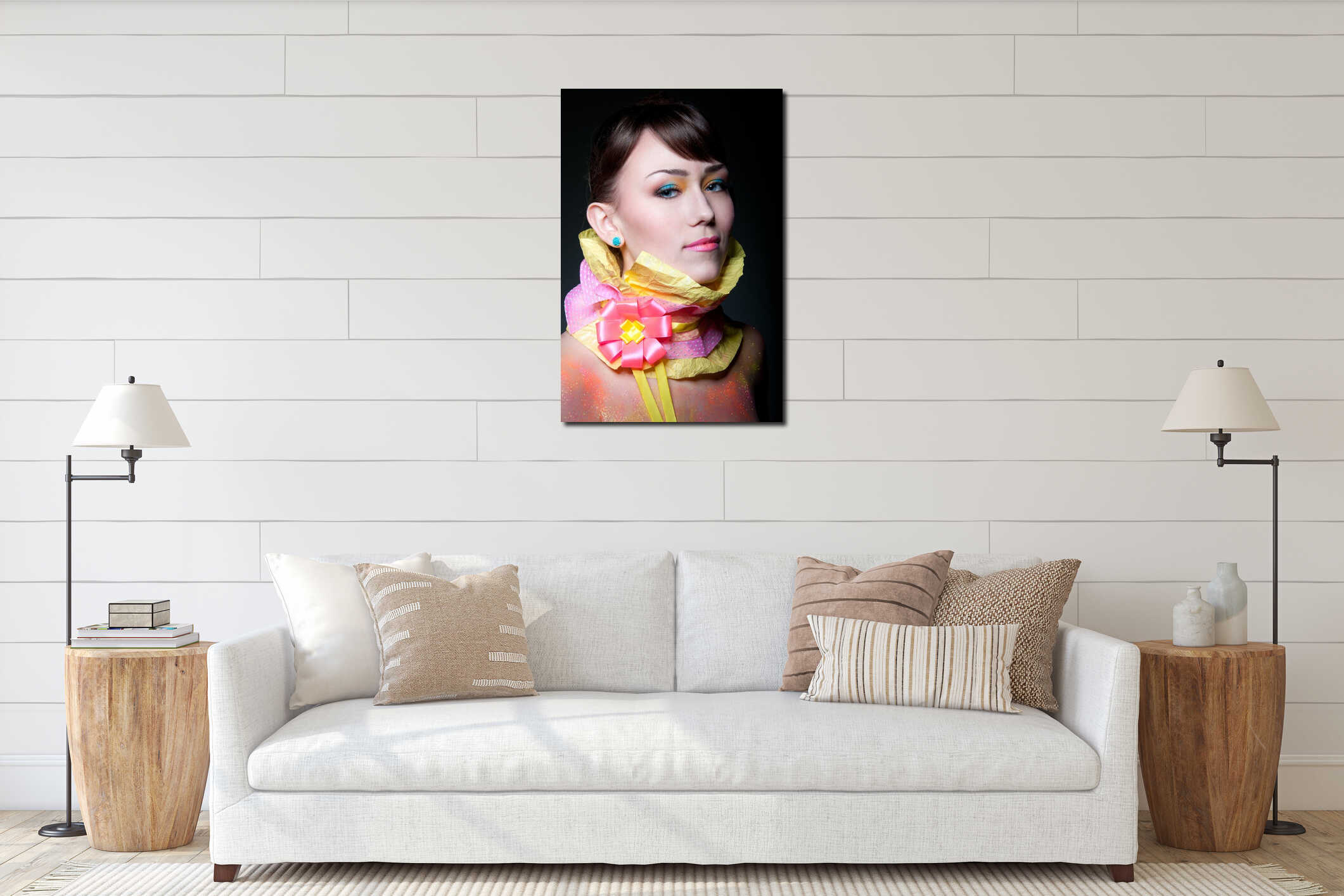 Proud gorgeous girl portrait interior mockup
