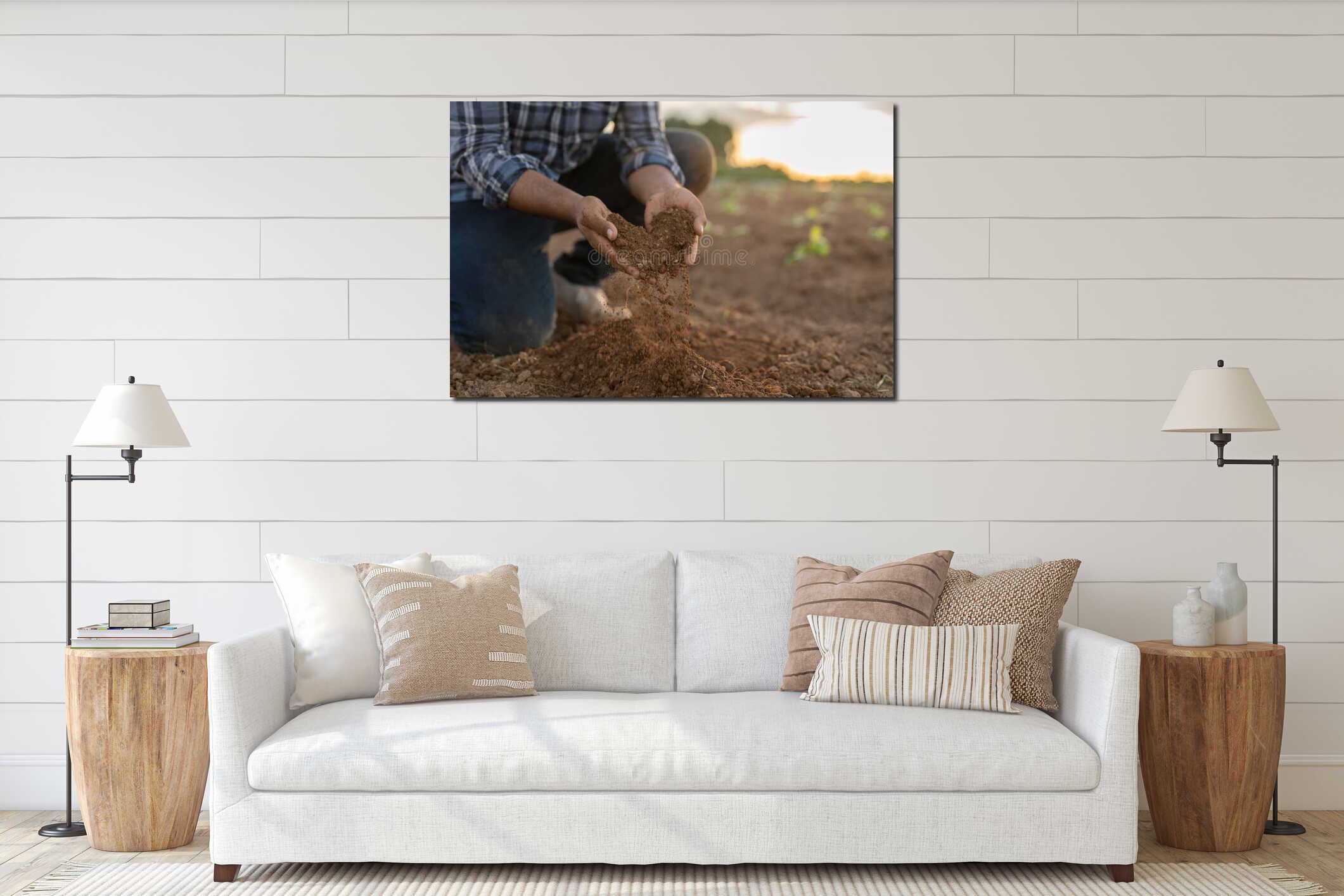 Close up hand of a farmer checking soil health before growth a seed of vegetable or plant seedling. Business or ecology concept interior mockup