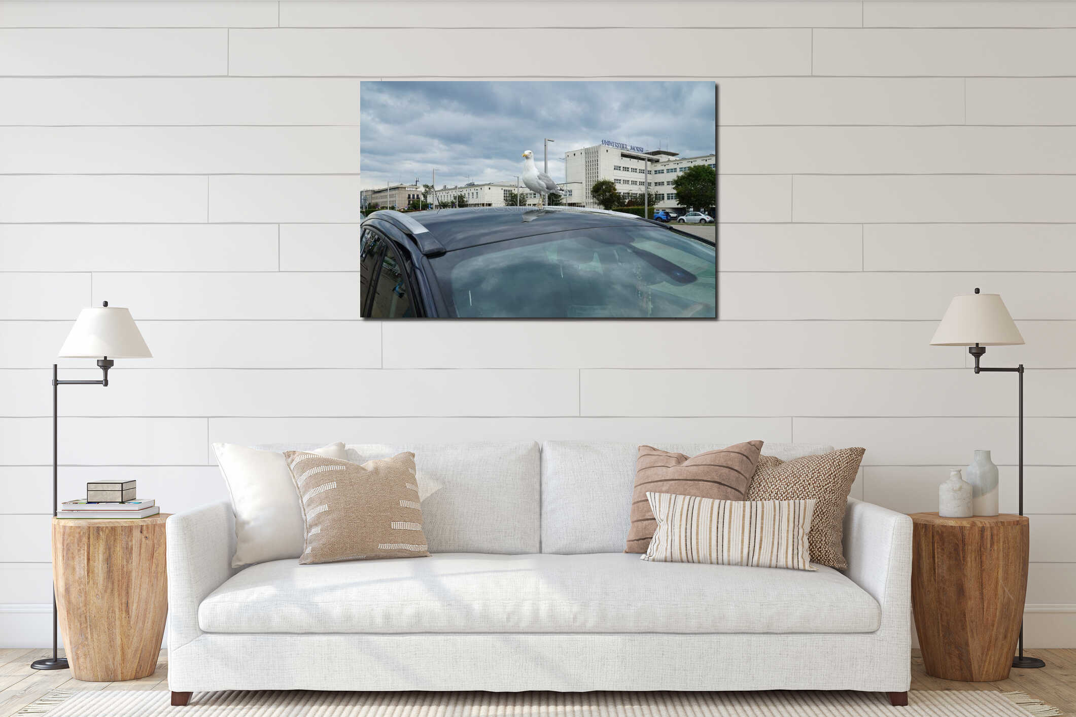 A sea gull sits on the roof of a car interior mockup
