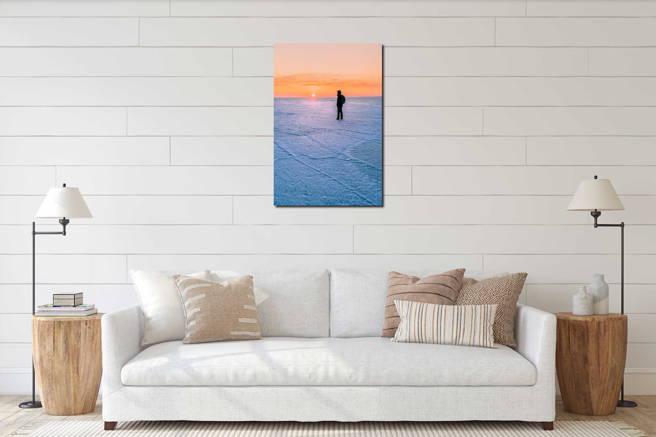 Silhouette of a man walking on the surface of a frozen sea. interior mockup