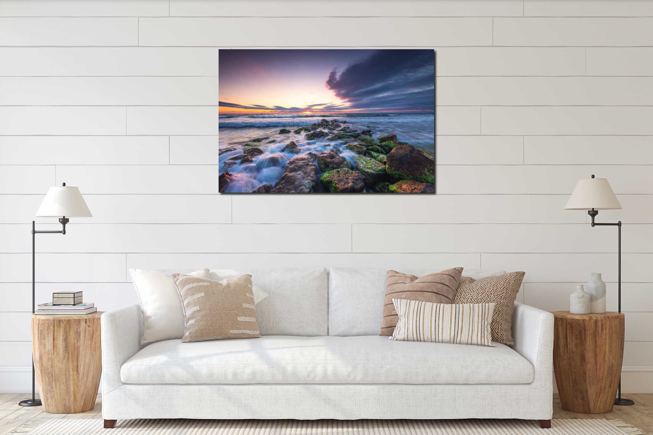 Sunrise cloudscape over sea waves and rocky beach shore, wild coastline and ocean horizon. interior mockup