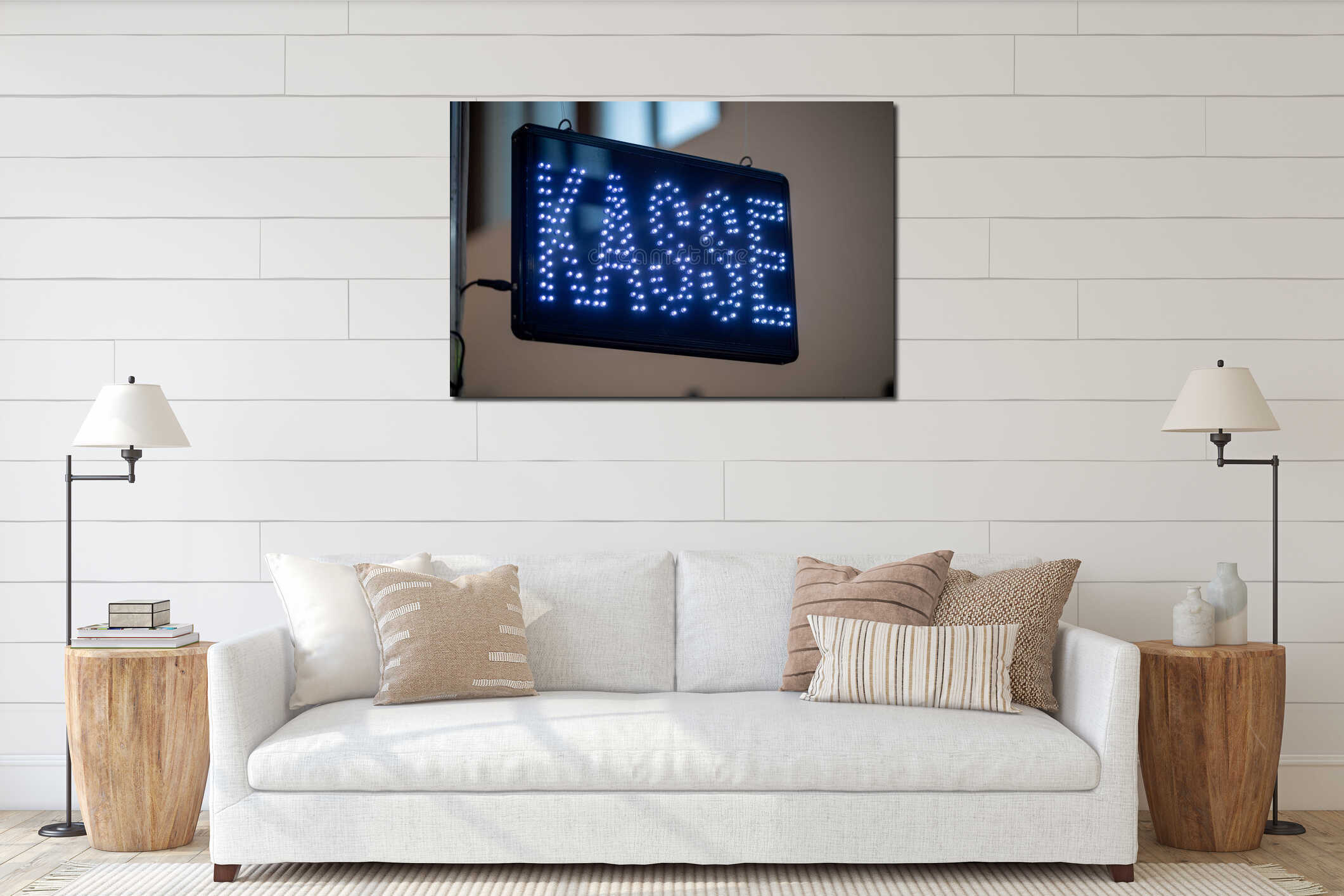 Sign with blue LEDs and the German font for cash register interior mockup