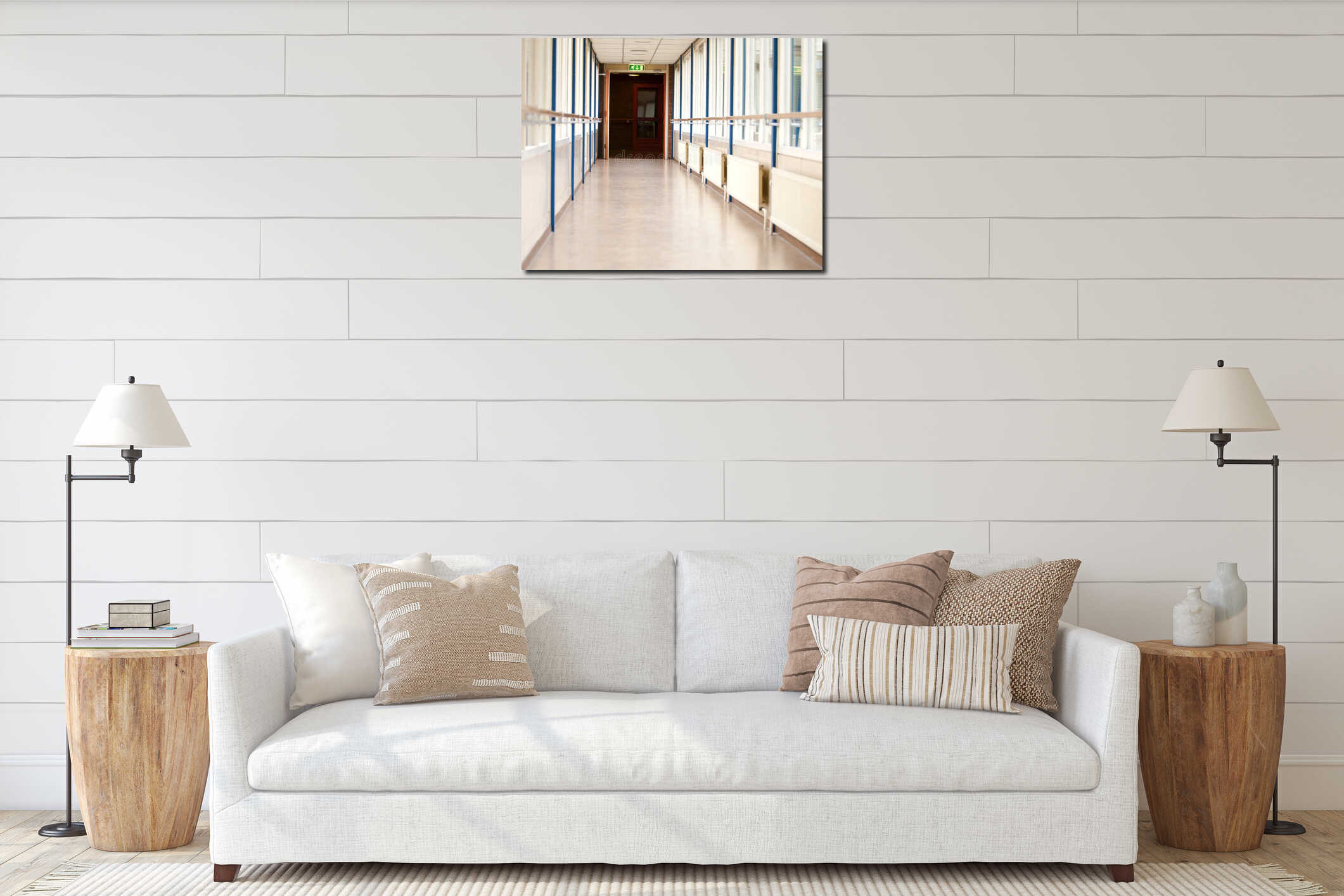 Long empty corridor interior mockup