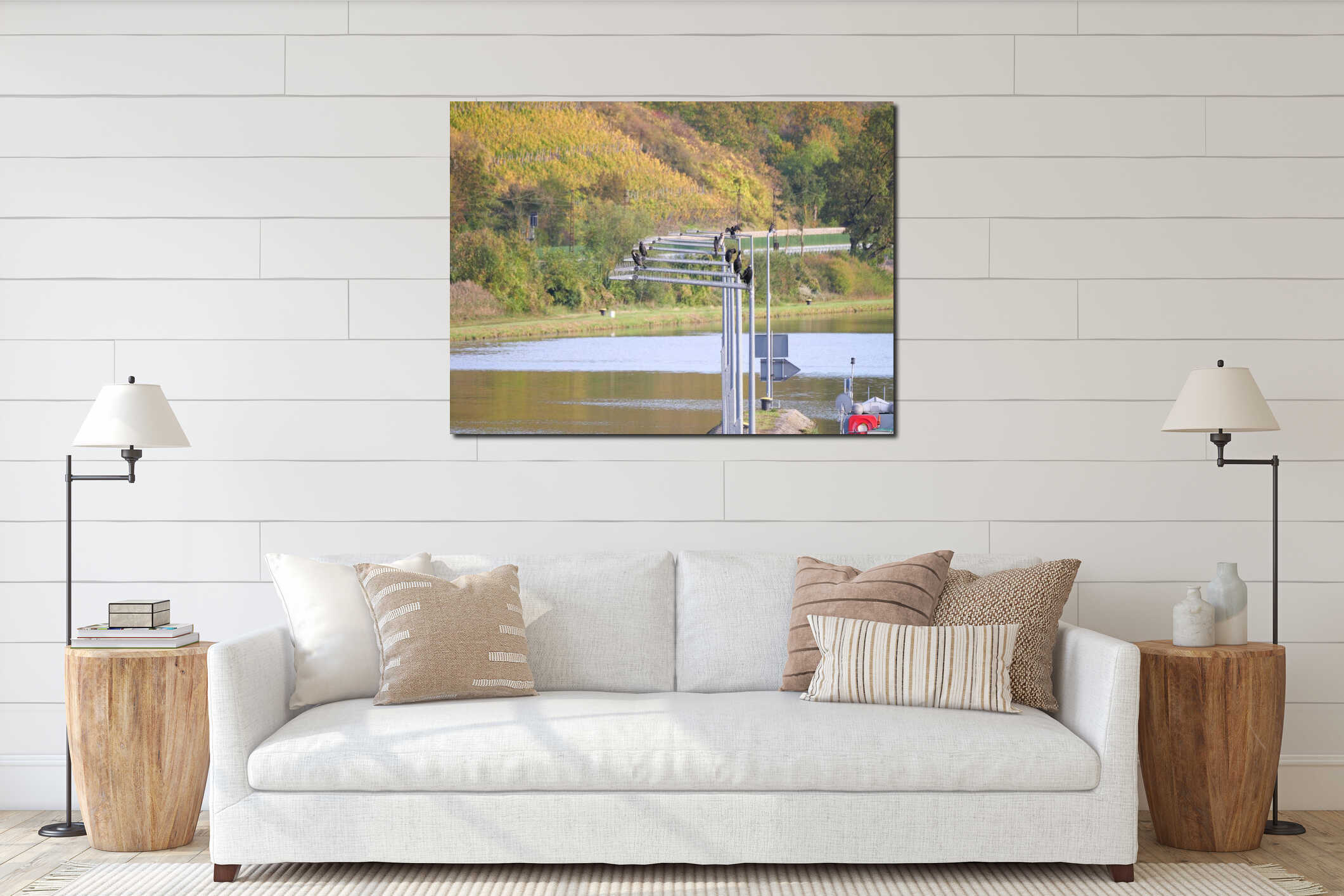 Cormorants sitting on the lamps along a sluice of a river interior mockup