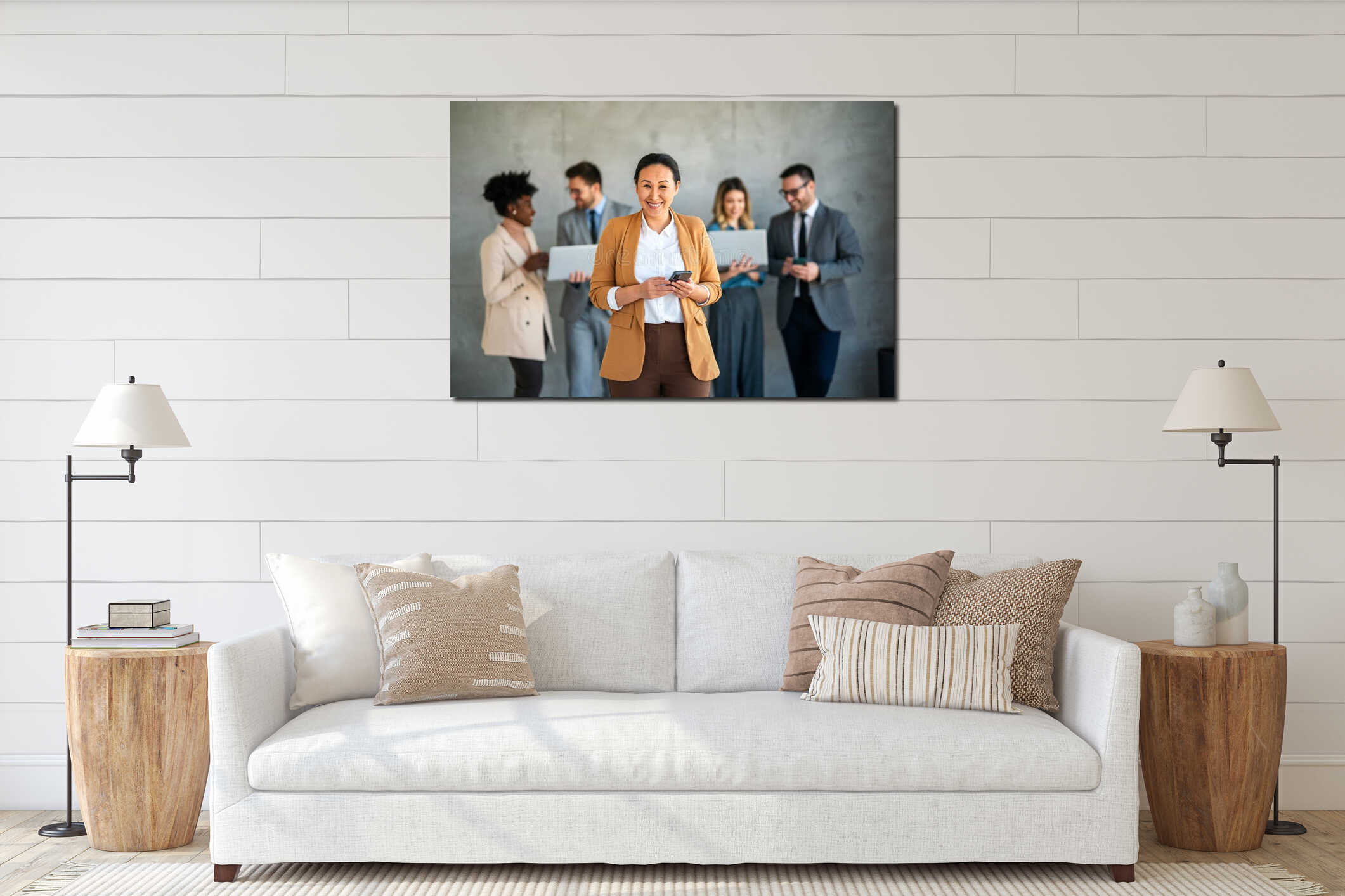 Group of successful multiethnic business team with digital devices. Technology business concept interior mockup