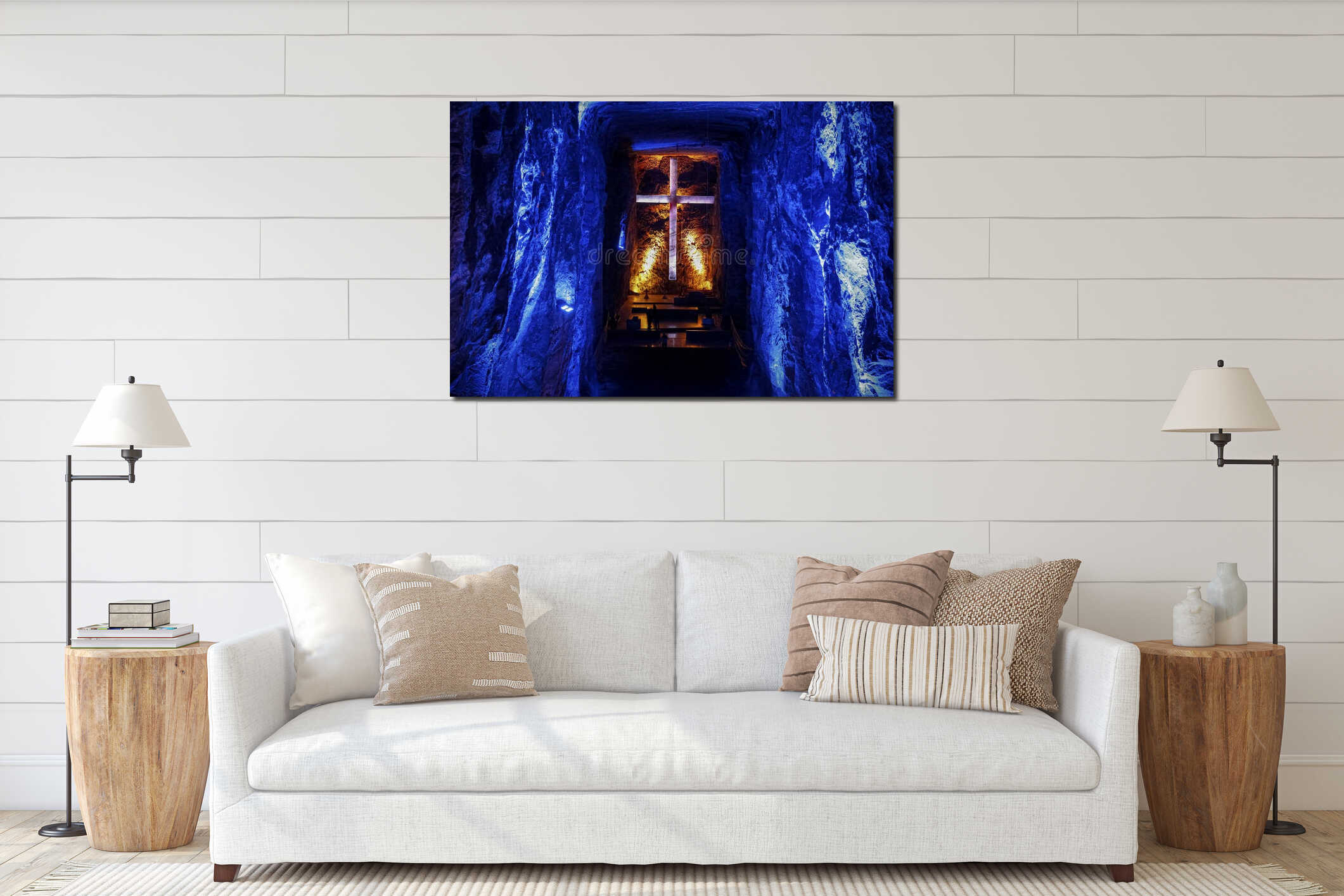 Illuminated altar in famous underground salt cathedral of Zipaquira in blue and golden light, Colombia interior mockup