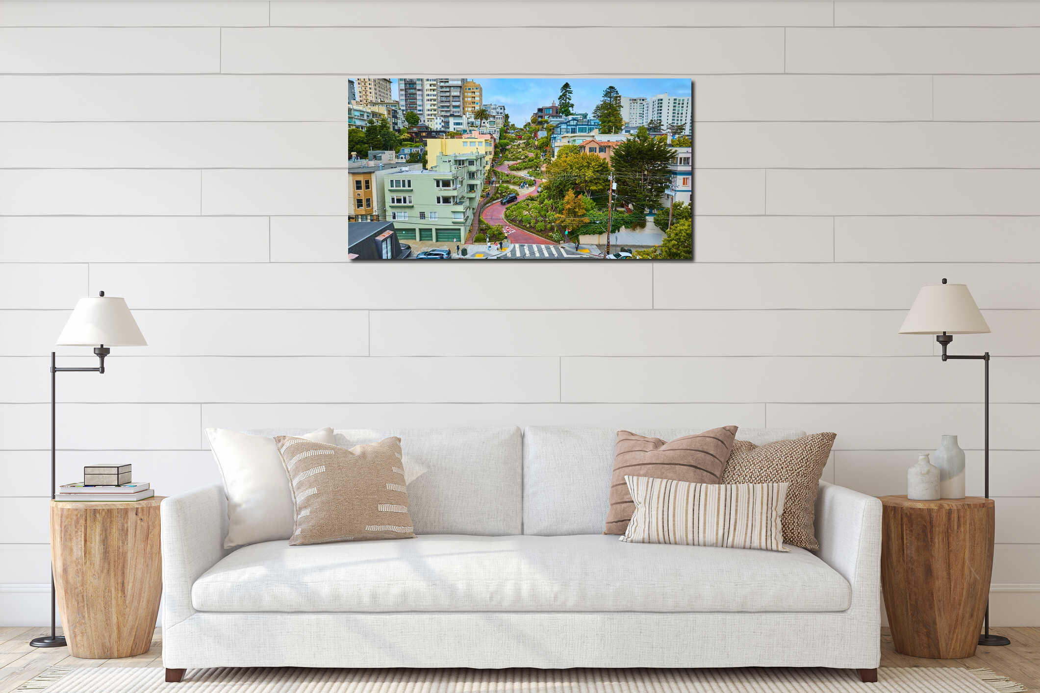 Lower aerial angle on Lombard Street with cars and people coming down hill interior mockup