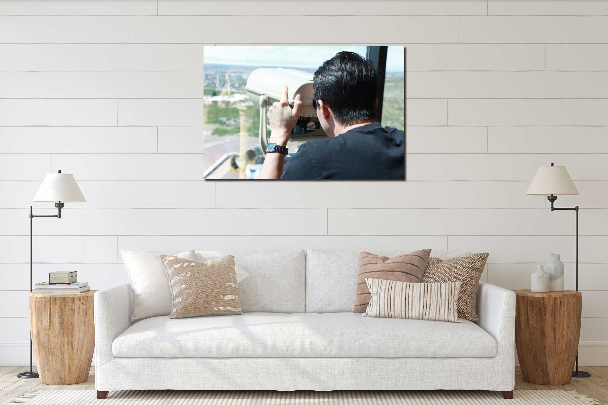 Man looking through a coin operated Tower Viewer or Stationary Binoculars interior mockup