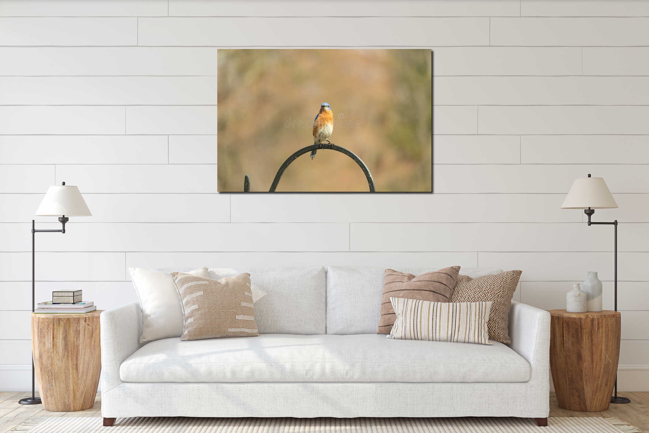 Little bird sitting pretty on metal hook interior mockup