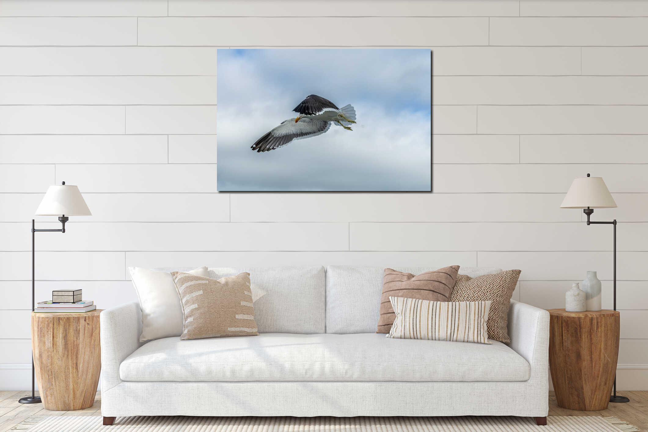 A view of a seagull flying above a boat in Walvis Bay, Namibia interior mockup