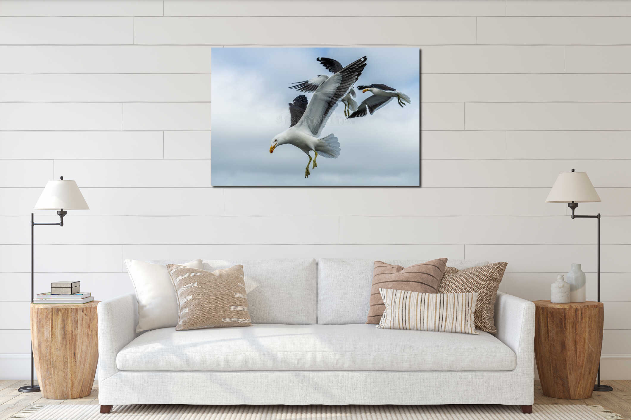 A view of a seagull breaking from the flock above boat in Walvis Bay, Namibia interior mockup
