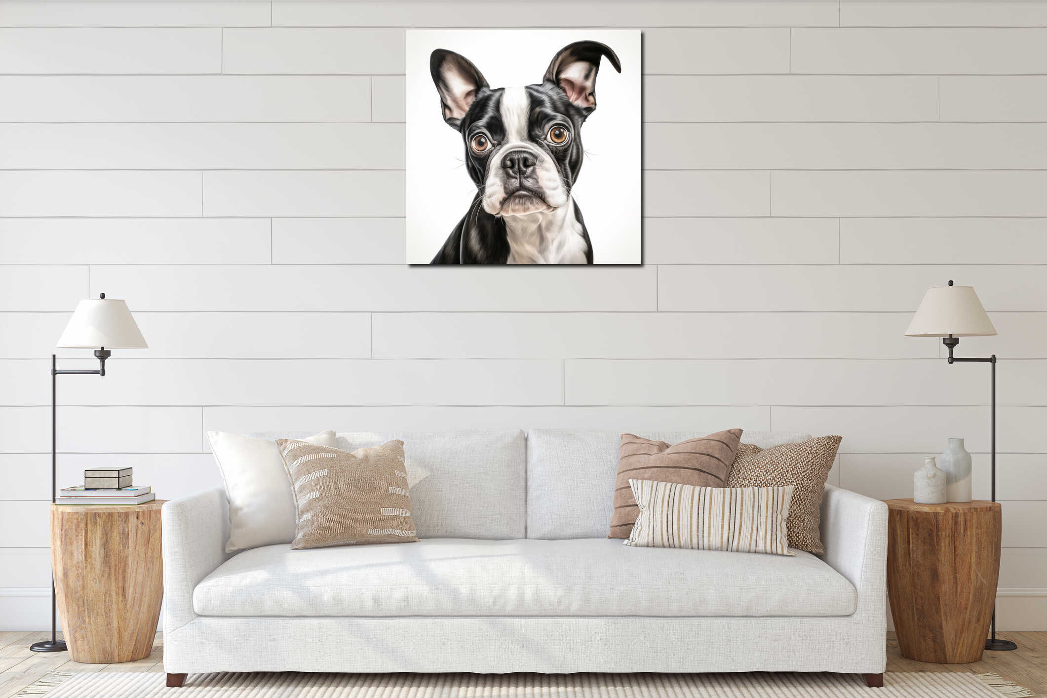 Realistic Hyper-detailed Boston Terrier Portrait On White Surface interior mockup