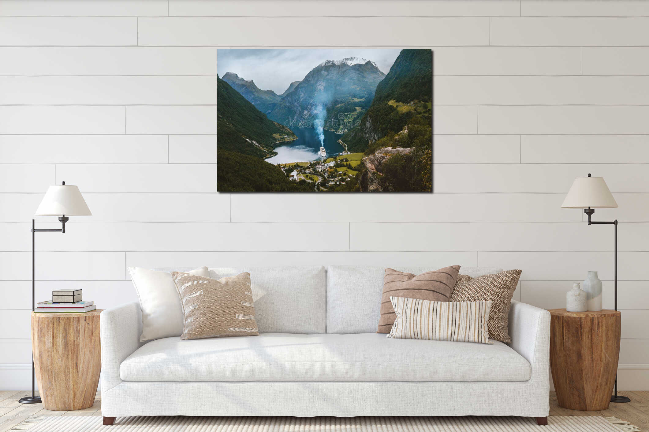 Geiranger fjord in Norway aerial view mountain landscape ferry cruise ship sailing Travel famous destinations interior mockup