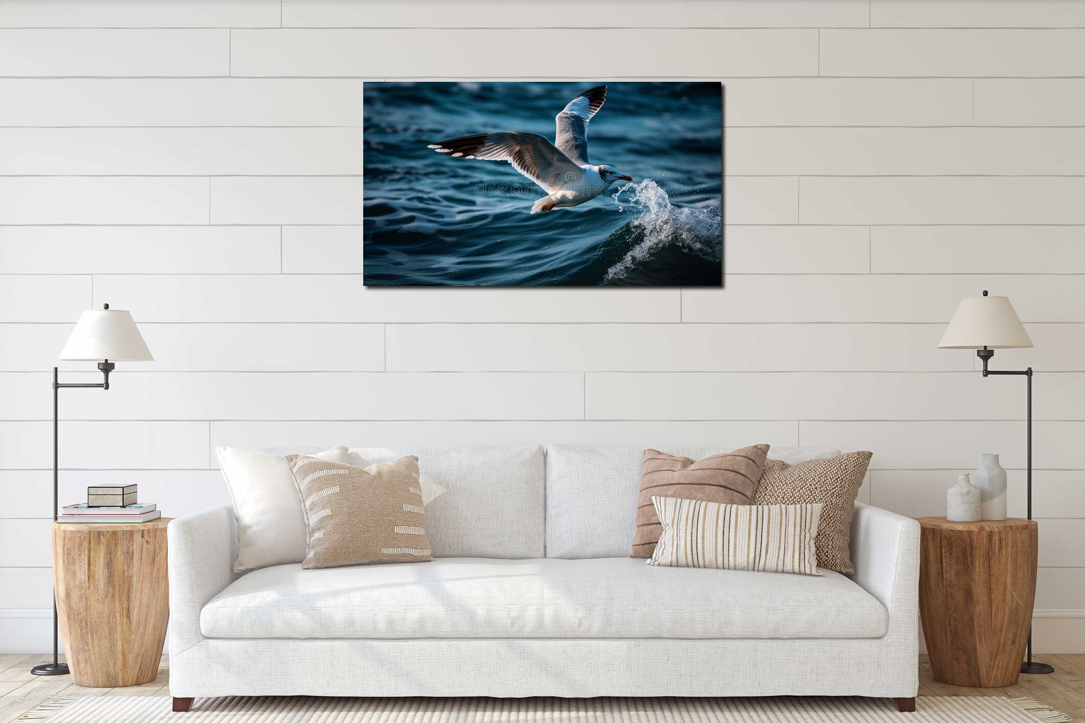 Seagull flying, nature beauty in motion, freedom on the coastline generated by AI interior mockup