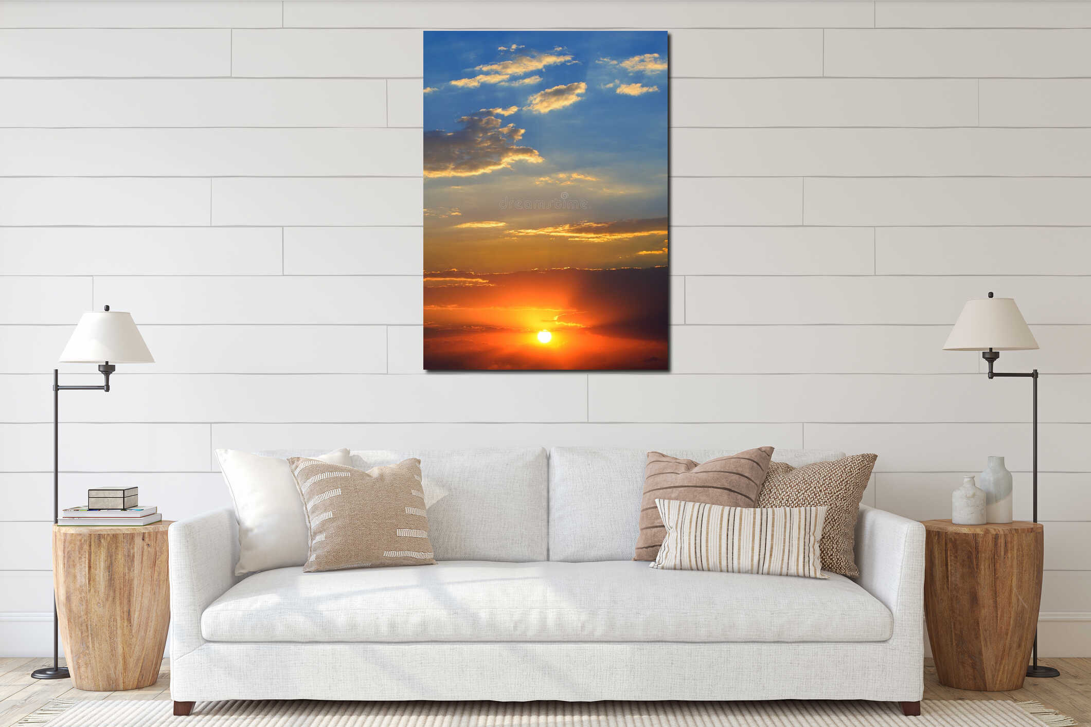 Dramatic sunset background with bright sun, blue sky and clouds interior mockup