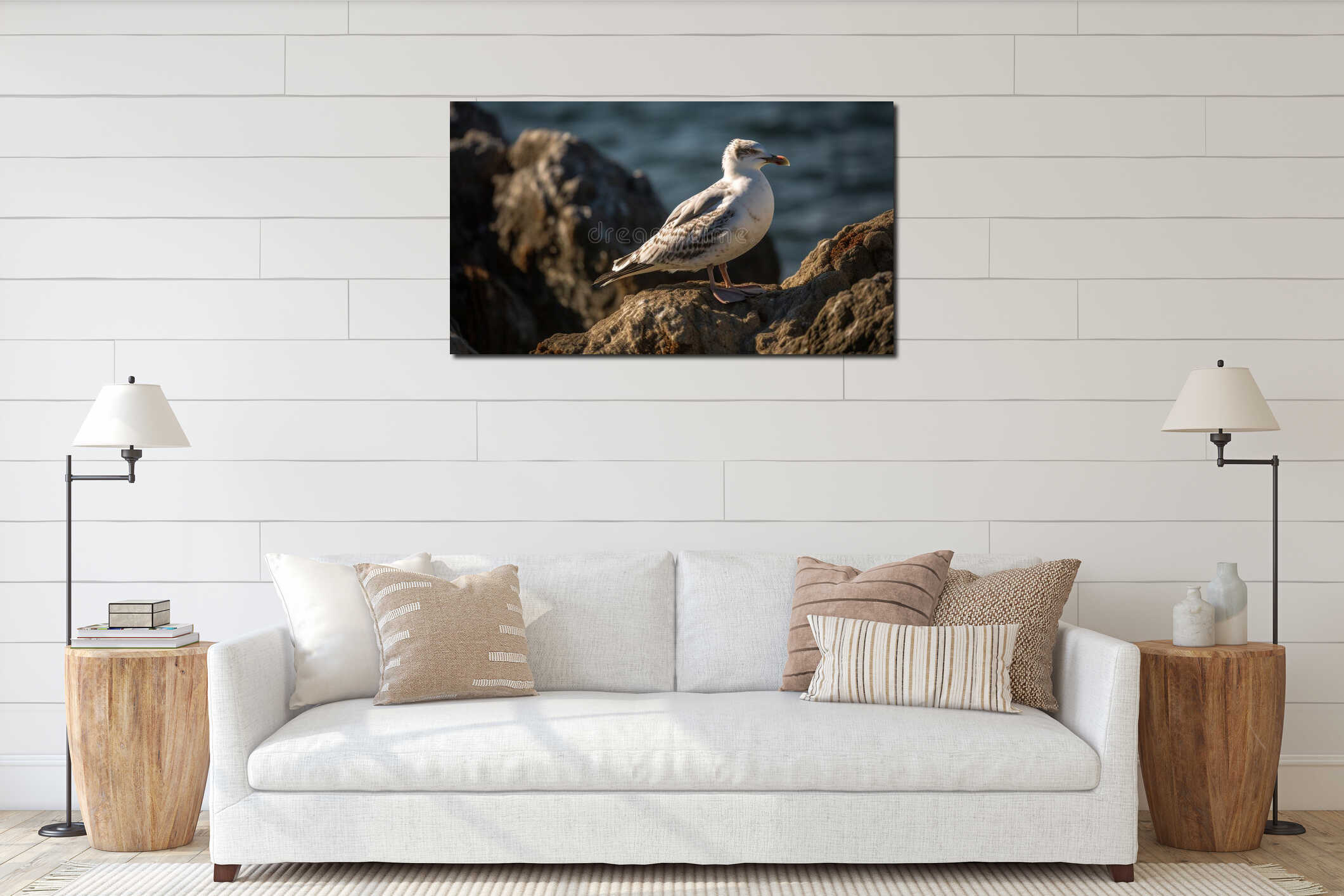 Seagull flying over the blue sea, nature beauty in focus generated by AI interior mockup