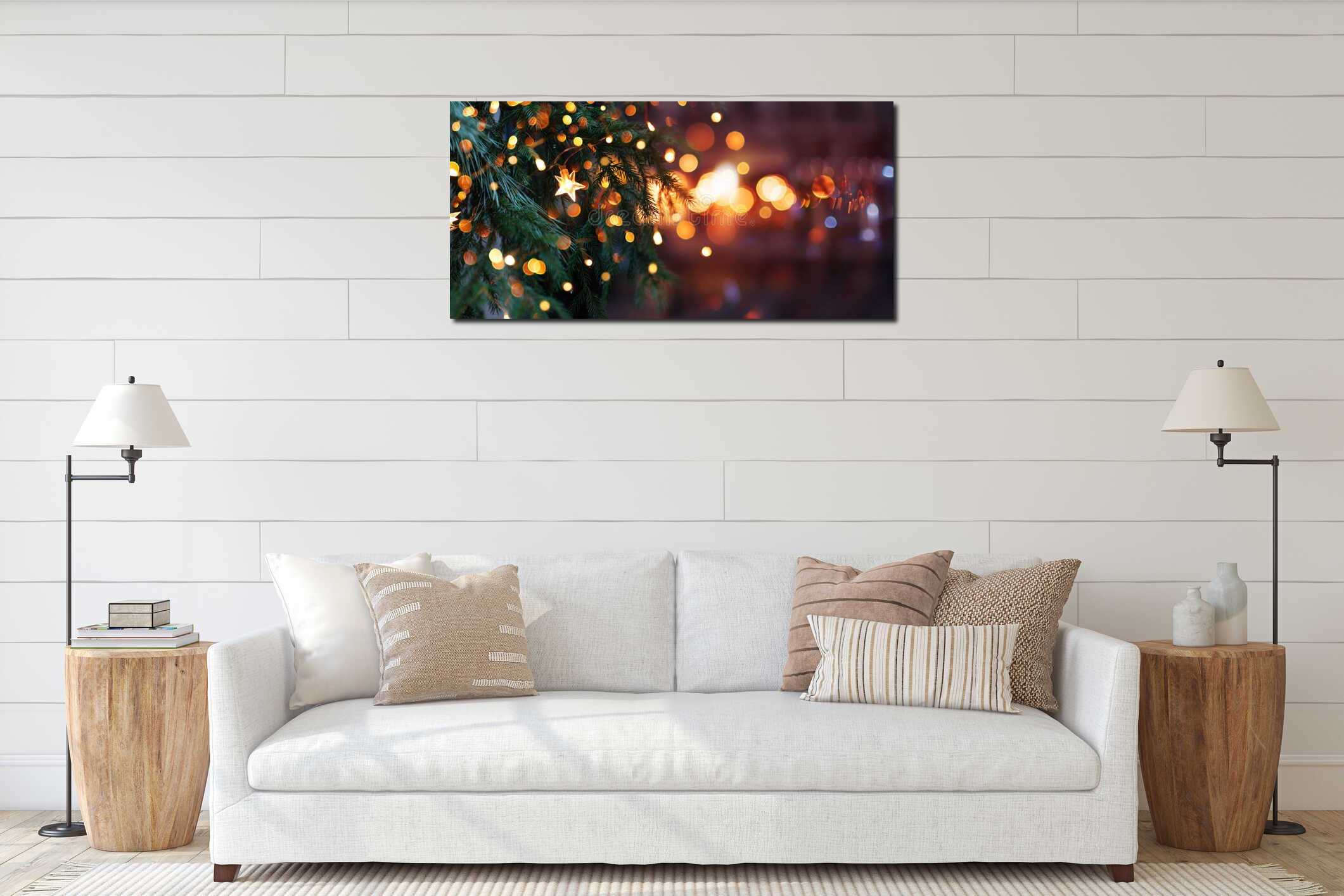 Christmas tree with garland lights. Evening city with blurred background interior mockup