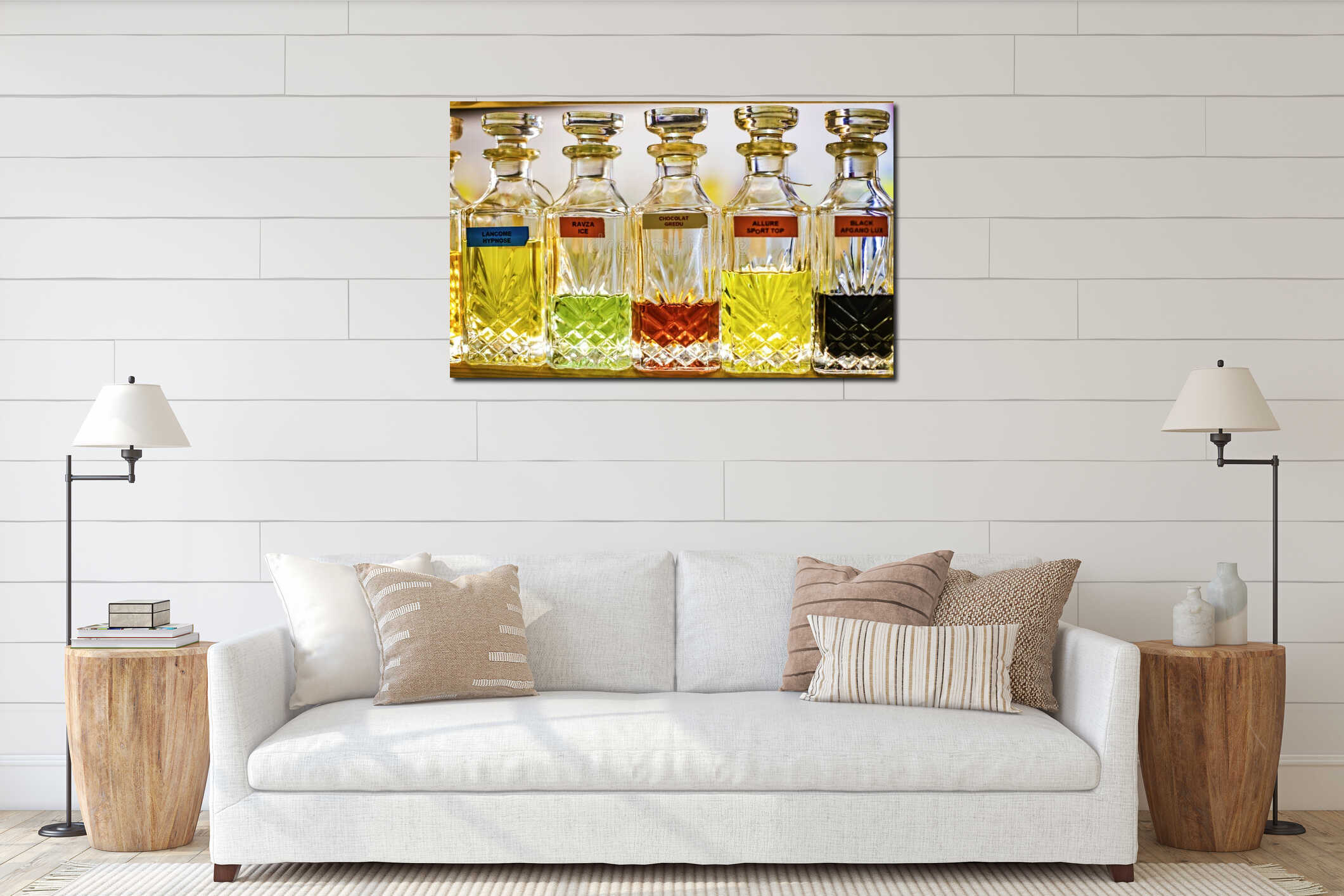 Russia, St. Petersburg - October 28, 2023: Bottles of perfume on the window of a perfumery store interior mockup