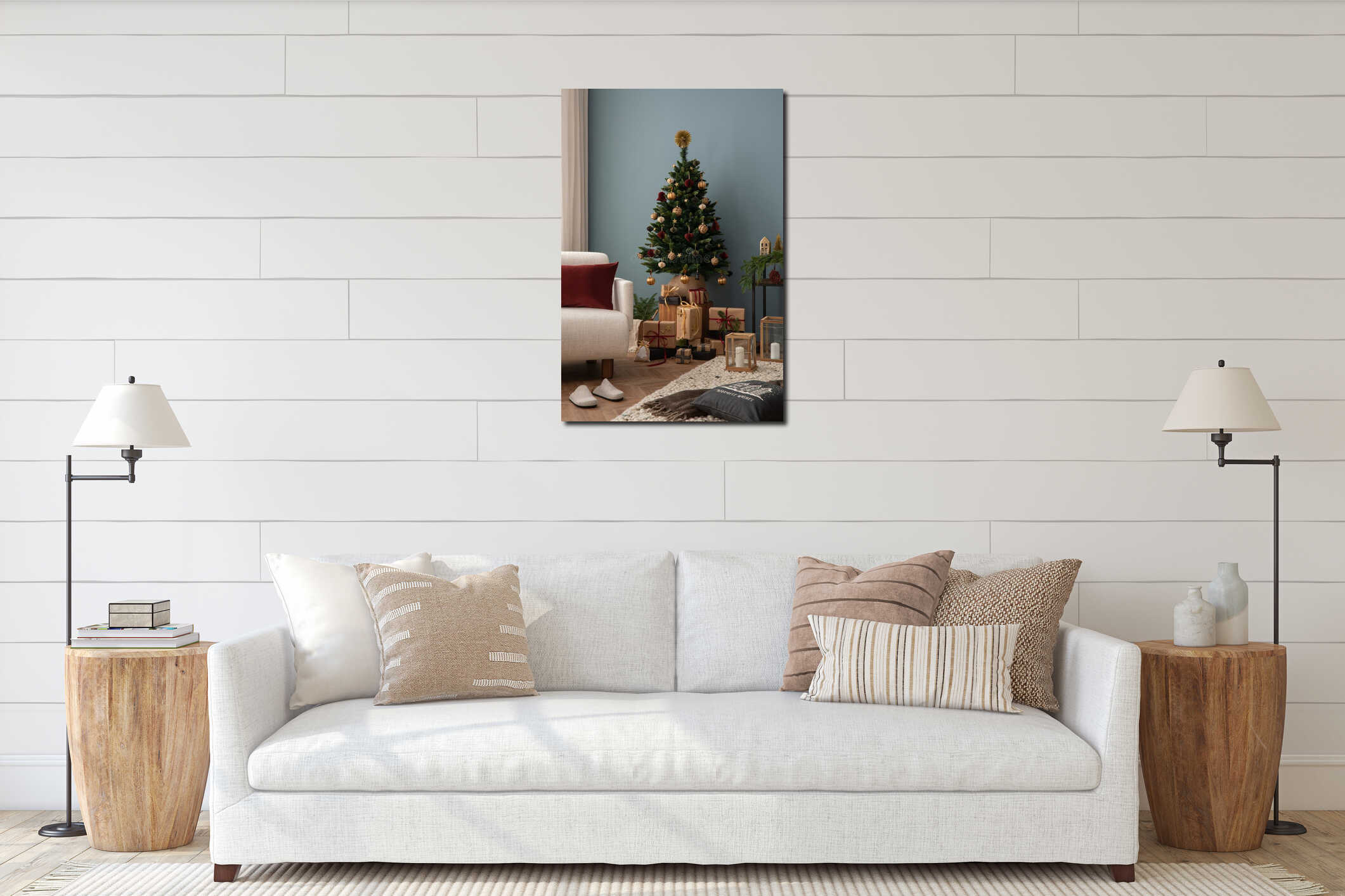 Cozy and stylish christmas living room interior with design armchair, christmas tree, gifts, wooden laterns, blue wall, red pillow interior mockup