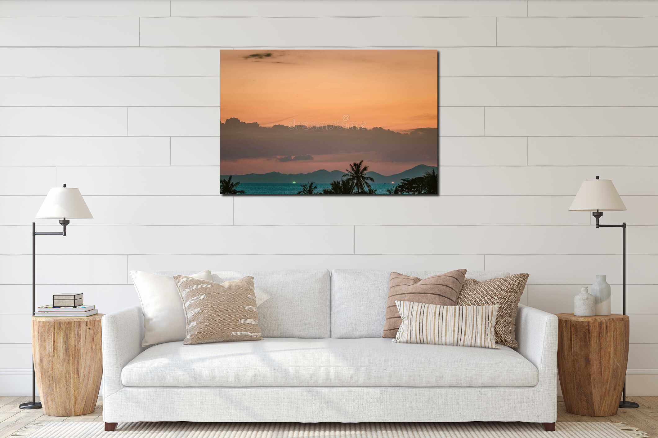 Scenic rose golden glowing cloudscape, twilight. Close up view on palms, sea and mountains at horizon line. Ao Nang, Thailand interior mockup