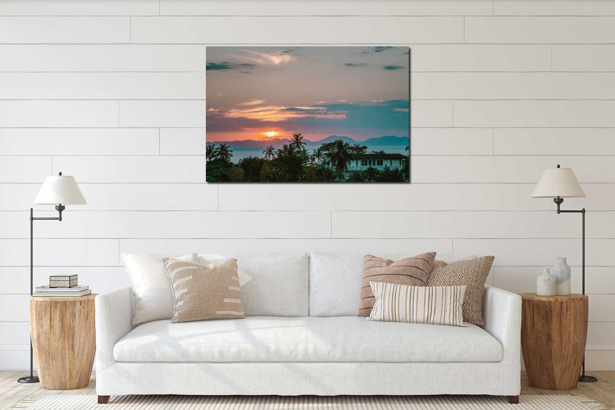 Scenic rose golden glowing Sunset. Half Sun hid in clouds above mountains. Close up view on palms, sea and mountains interior mockup