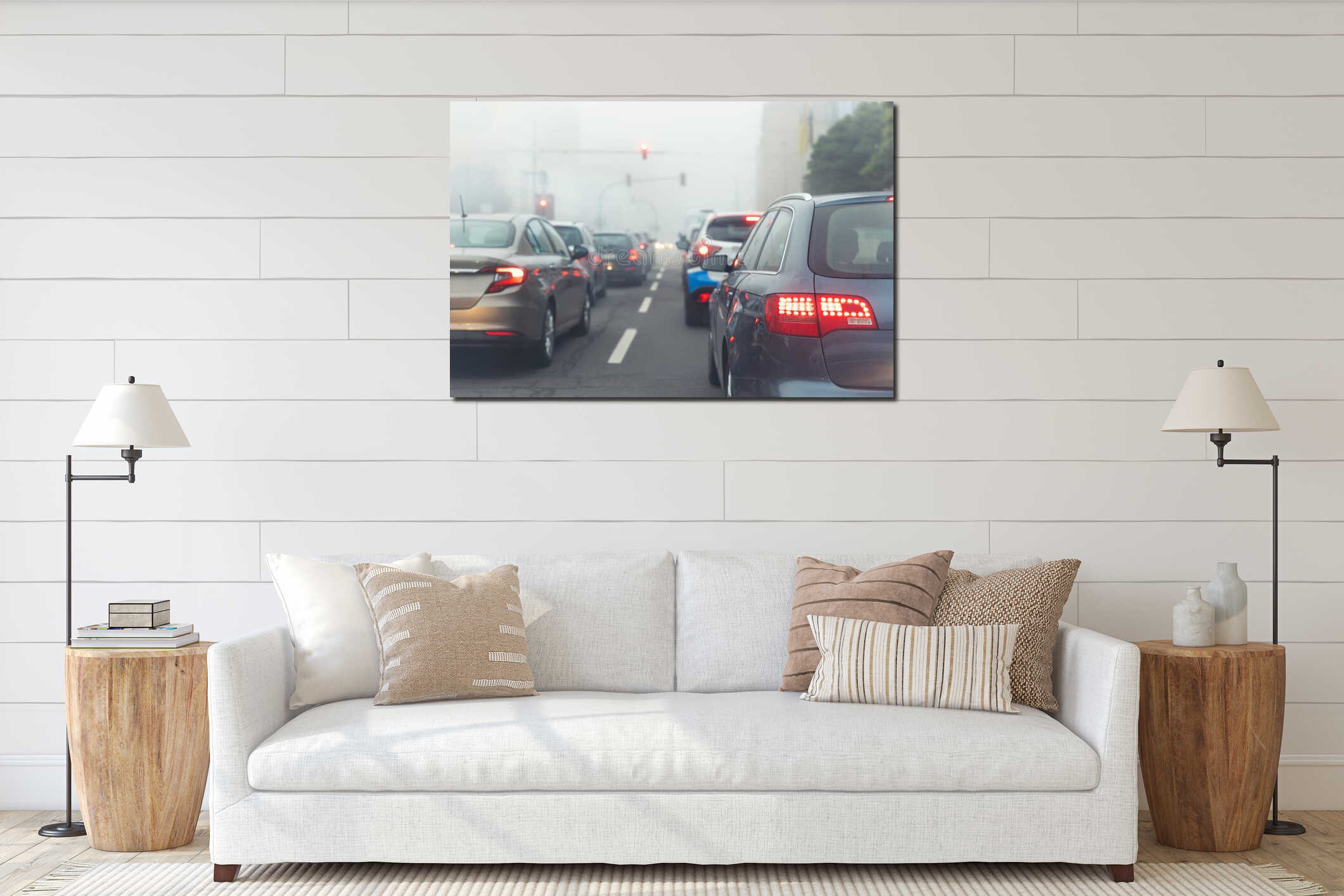 Scenic city road traffic light jam wim many cars at foggy misty rainy haze morning low poor visibility cold spring interior mockup