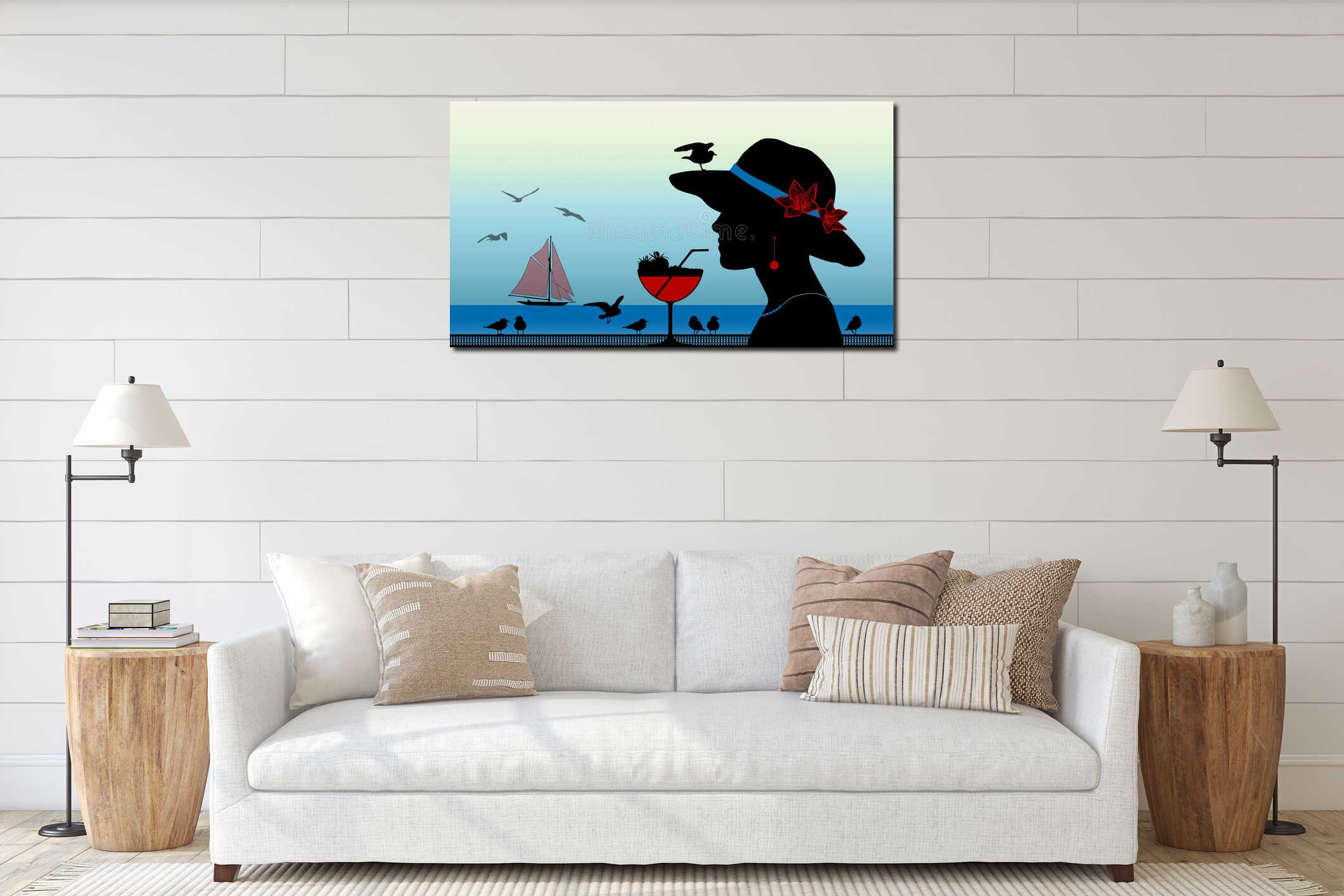 Woman with a strawberry cocktail next to the sea interior mockup