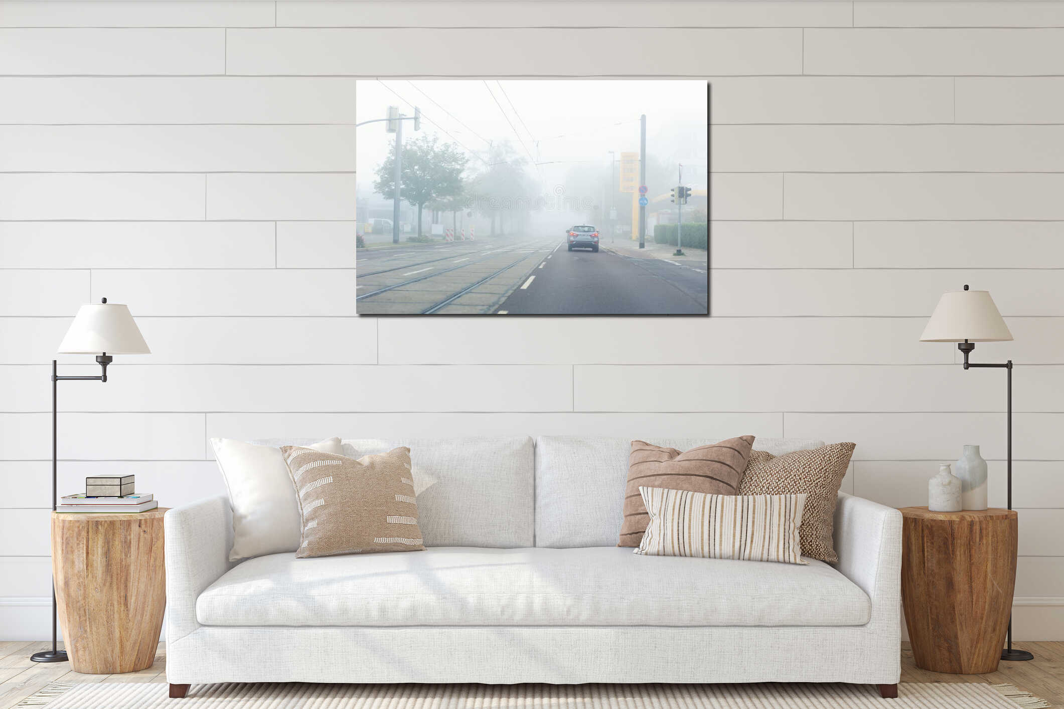 Scenic city road street jam with many cars at foggy misty rainy haze morning low poor visibility cold spring autumn interior mockup