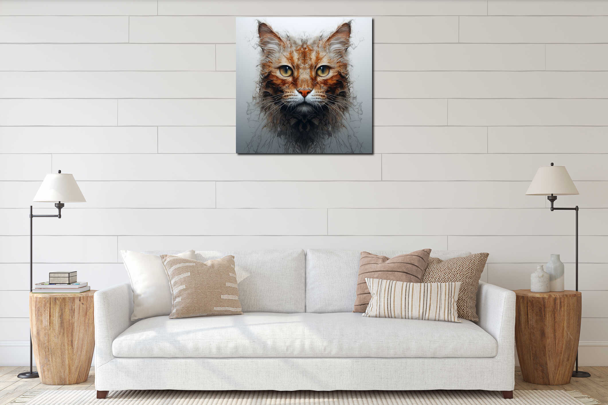 Abstract Swirls: Hyper-detailed Cat Portrait In Double Exposure Style interior mockup