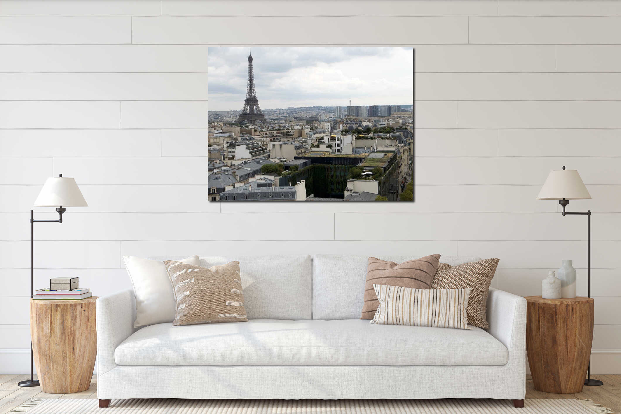Cityscape from Arc de Triomphe in Paris, France with Eiffel Tower interior mockup