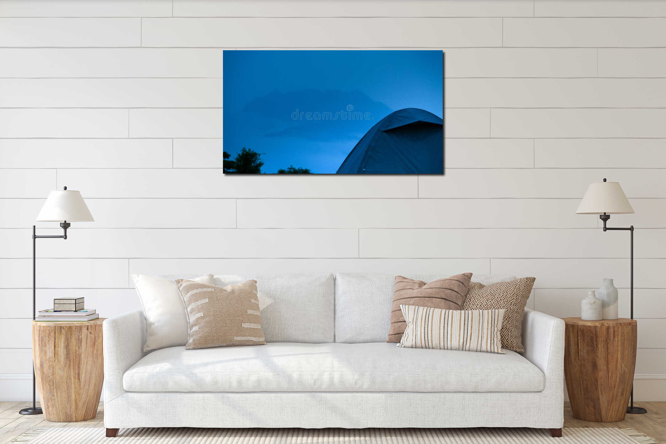 Green tourist tent in the mountains nature. Green camping tent on top of mountain with sea of fog during morning sunrise in blue interior mockup