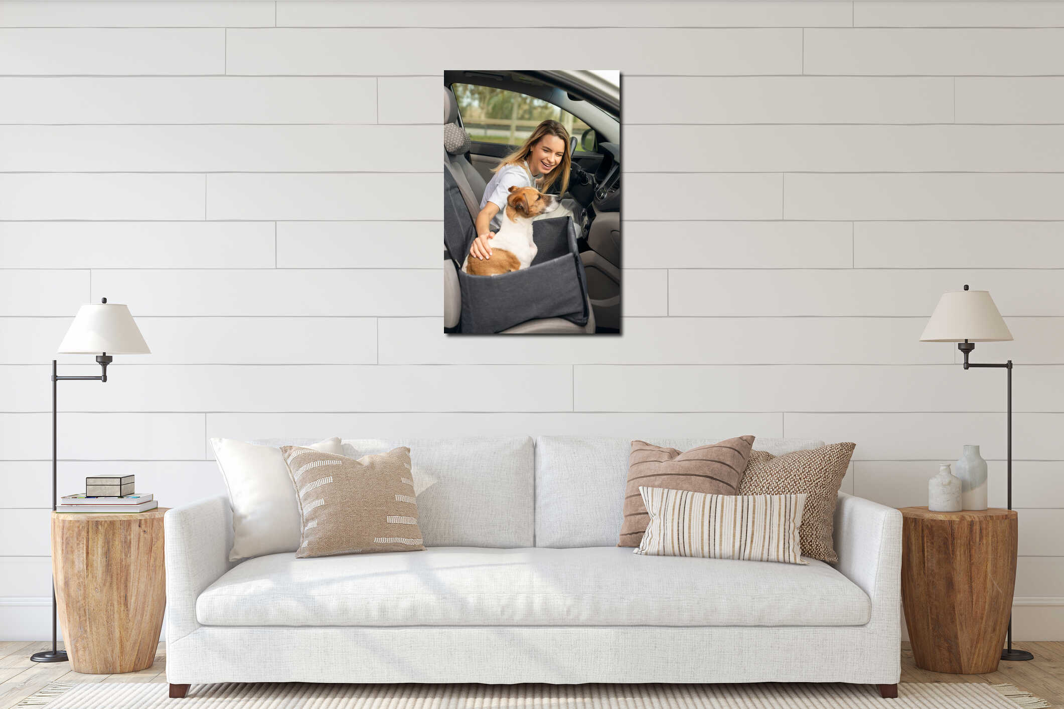 Happy smiling blonde girl in car. dog sitting front seat in car hammock. interior mockup
